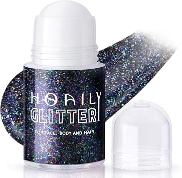 HOSAILY Roll-on Black Body Glitter Gel for Face Hair, Holographic Chameleon Color Changing Face Paint Glitter Halloween Cosplay SFX Makeup, Chunky Sequins Festival Shimmer Makeup for Women Kids