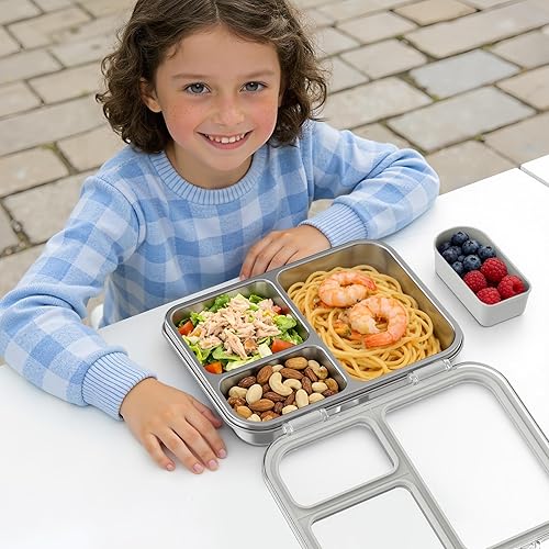 Miniatura 7 de Lonchera Bento de acero inoxidable para niños y adultos, lonchera metálica de 3 compartimentos con tapa transparente y silicona extraíble, lonchera
