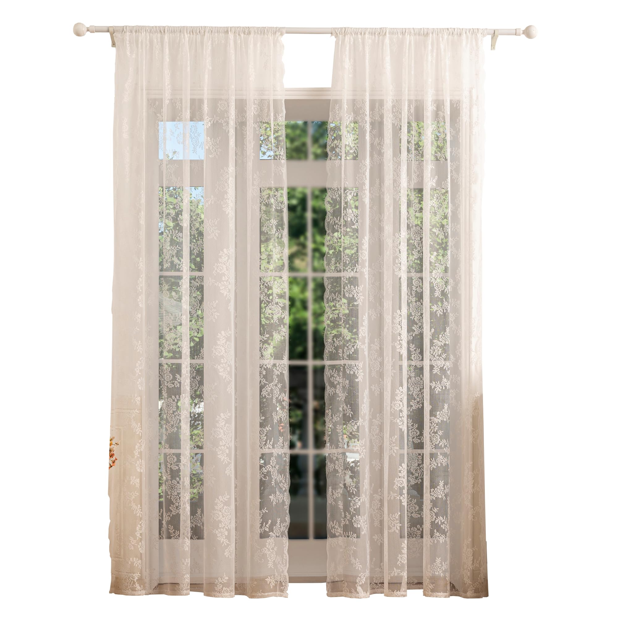 Jayla Sheer Lace White Curtains for Bedroom Voile Floral Embroidery Light Filtering with Scalloped Edges Knitted Lace Curtains for Living Room Kitchen