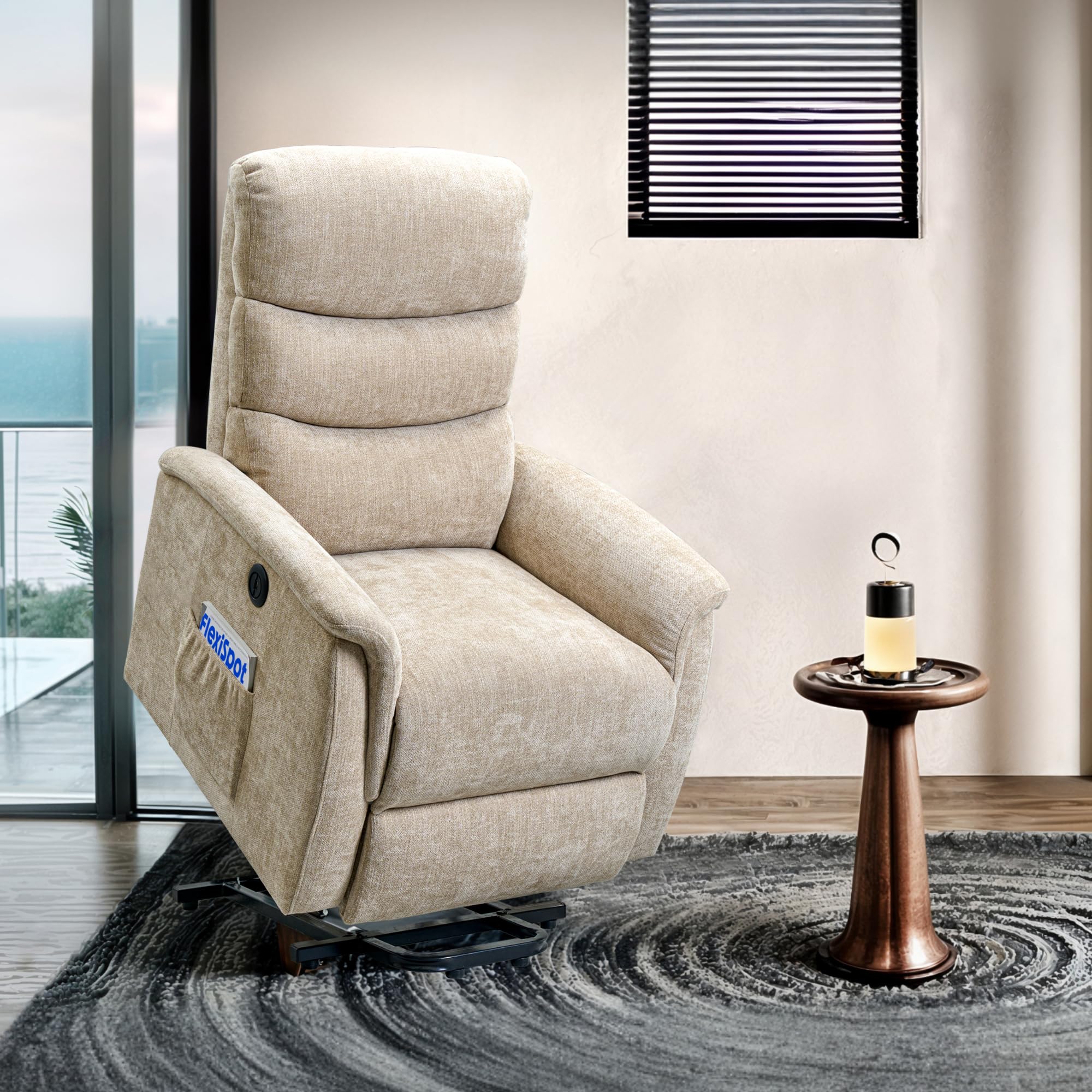 FLEXISPOT Relaxsessel, Aufstehsessel mit versteckter Becherhalter & Armlehnen-Aufbewahrung, Massagesessel mit Heizungfunktion im Wohnzimmer, Fernsehsessel, Liegesessel mit USB (Beige)