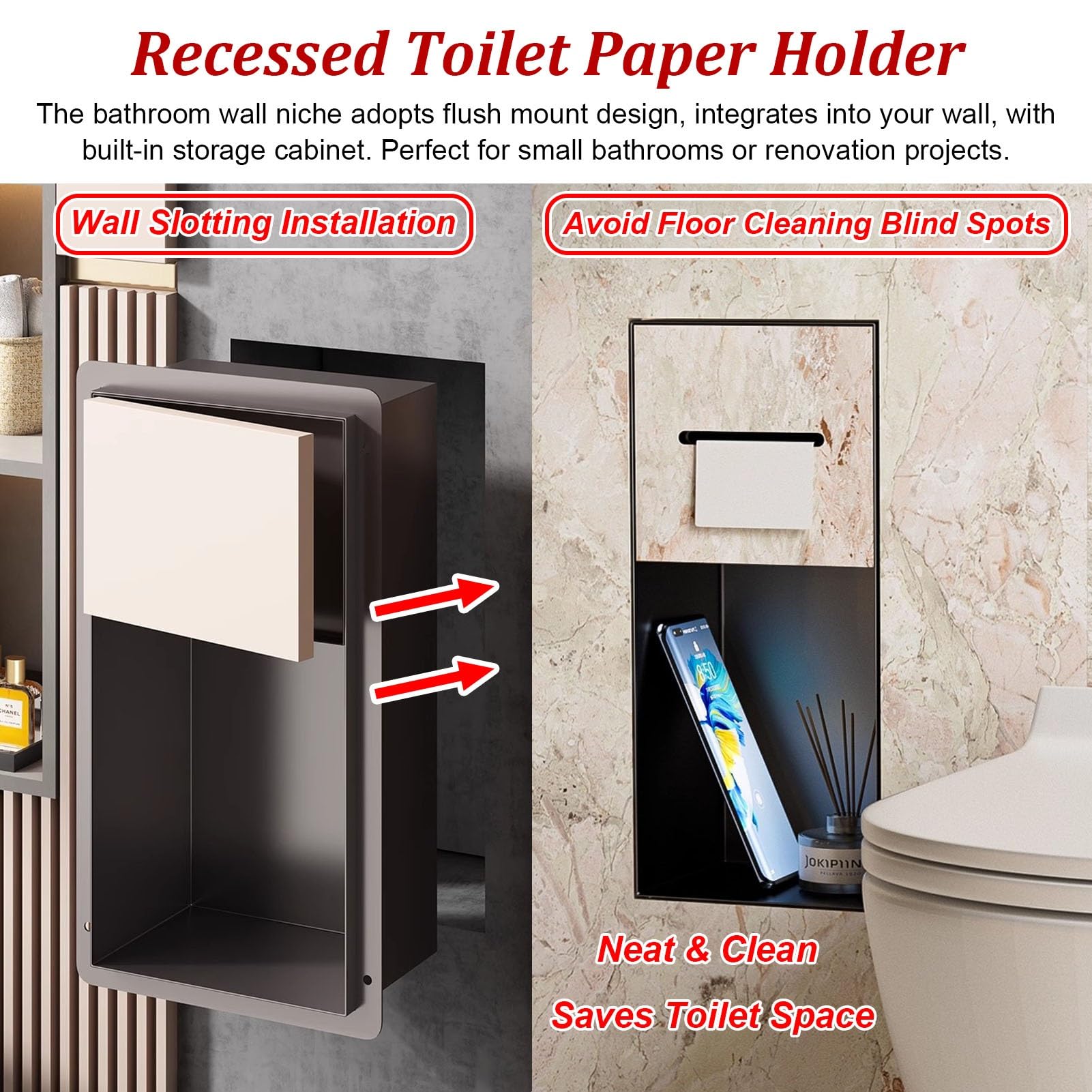 Vibeo Nicchia Doccia Incasso Porta Carta Igienica Piastrellabile a Parete con Mensola, Nicchia da Incasso per Carta Igienica nel Bagno, Inserto per Nicchia per Carta Igienica