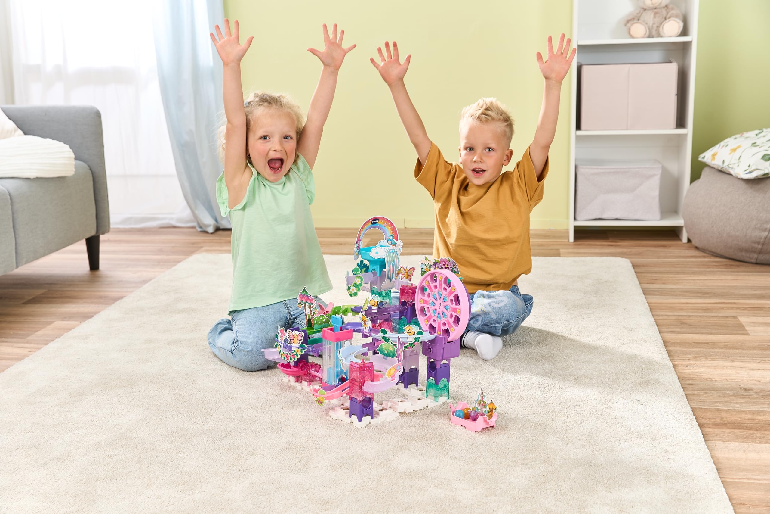 VTech Marble Rush Petal Power, Juego de construcción para niños, 96 Piezas de construcción y 6 canicas, Carrera interactiva de mármol con temática de Flores, Juego imaginativo, Adecuado para 4, 5, 6