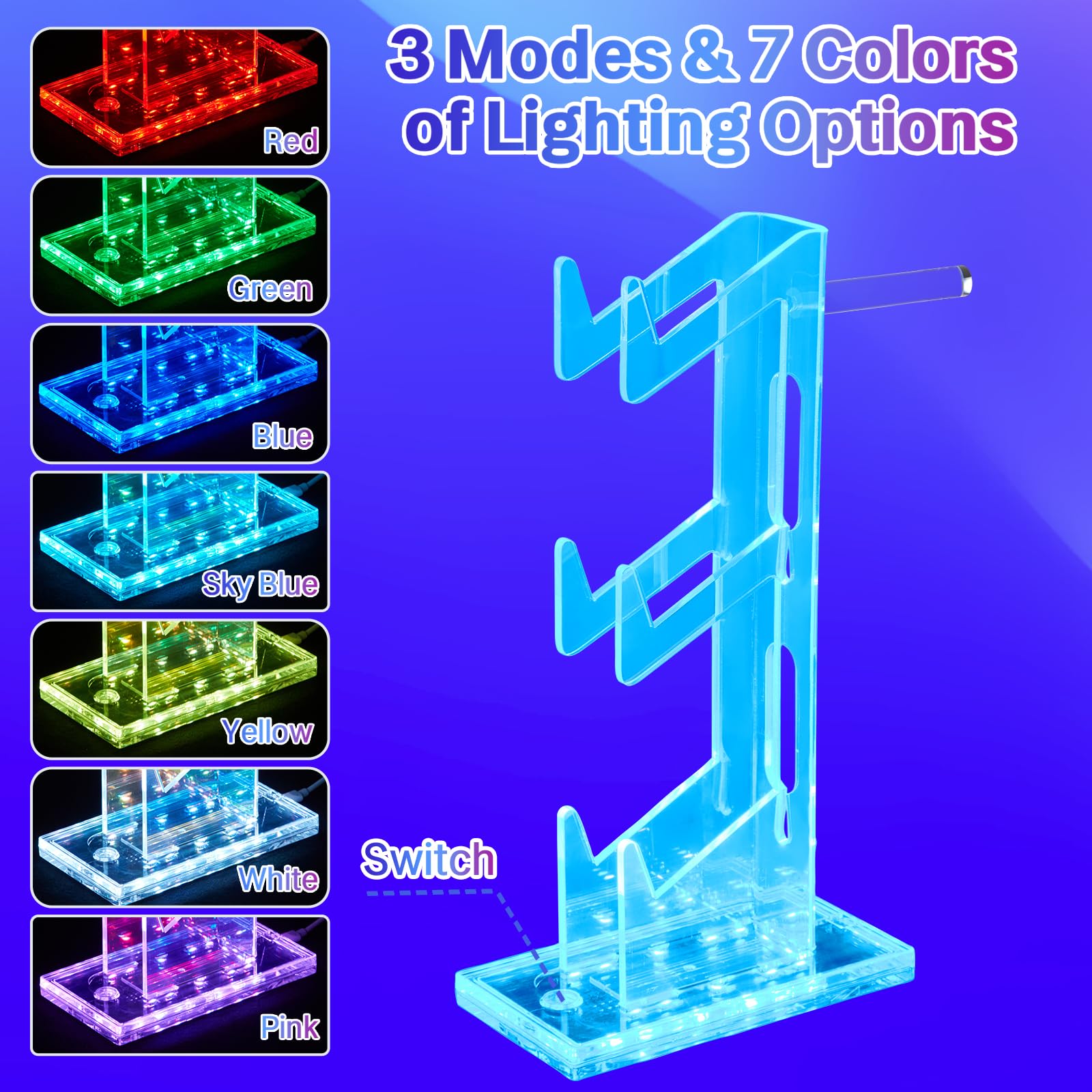 Supporto per controller di gioco con luce colorata in acrilico per cuffie, con 3 modalità, 7 colori, porta di ricarica USB per PS4, PS5, PC, design universale (3 livelli con luci)