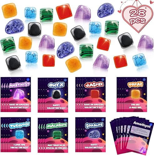 Regalos de San Valentín para niños, paquete de 28 tarjetas de San Valentín con rocas a granel, kit de colección de gemas de cristal, minerales y