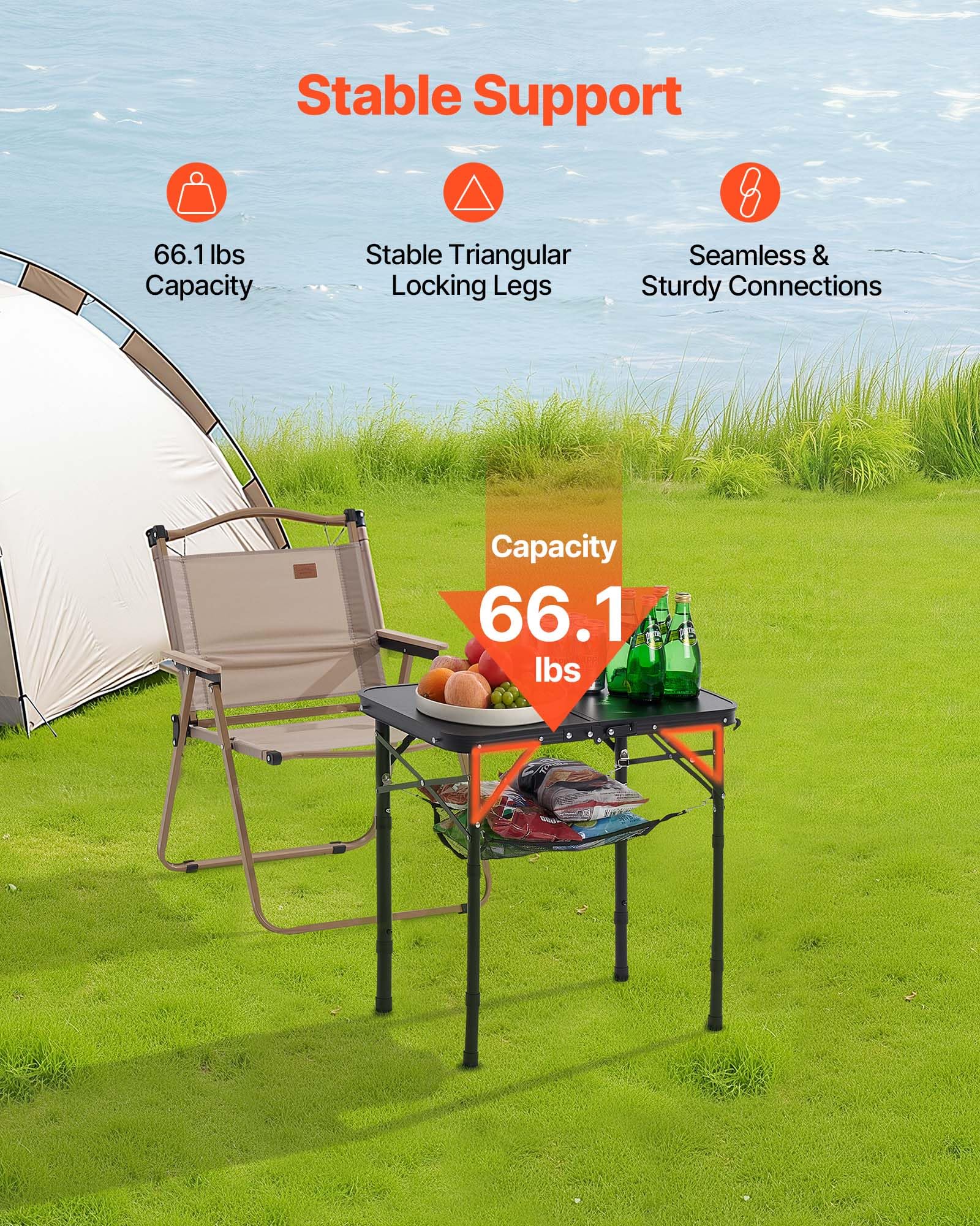 VEVOR Tavolo da Campeggio Pieghevole 600 x 400 mm Tavolo da Spiaggia in Alluminio MDF con Strato in Rete, Maniglia per Trasporto, Leggero e Compatto per Picnic all'Aperto, Barbecue, Nero