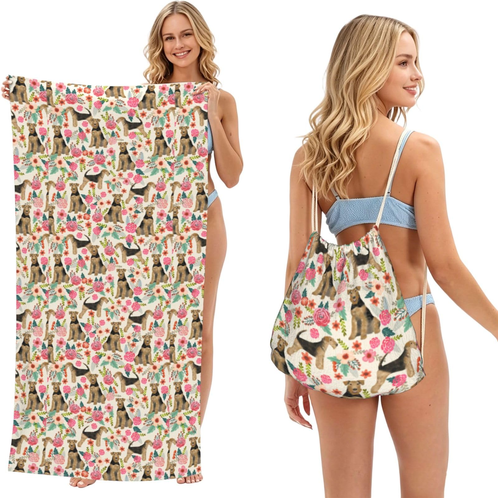 Poadnly As Picture Airedale Terrier Floral Print, 2 In 1 Packable Towel Bag, Beach Towels With Drawstring Backpack For Travel Holiday Camping