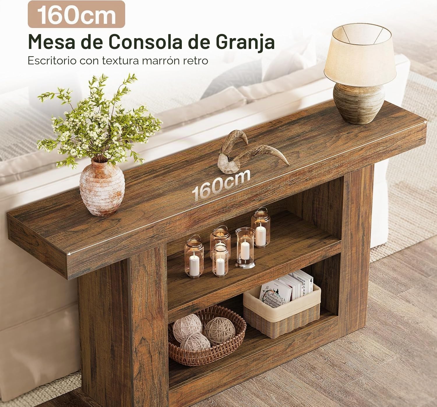 Lailang 160cm Mesa de Entrada, Mueble Pasillo Estrecho, Recibidor Entrada con Estante, Consola Recibidor Madera, Muebles Auxiliares de Salon, Recibidores Modernos, 160 x 8 x 20 cm, Brown