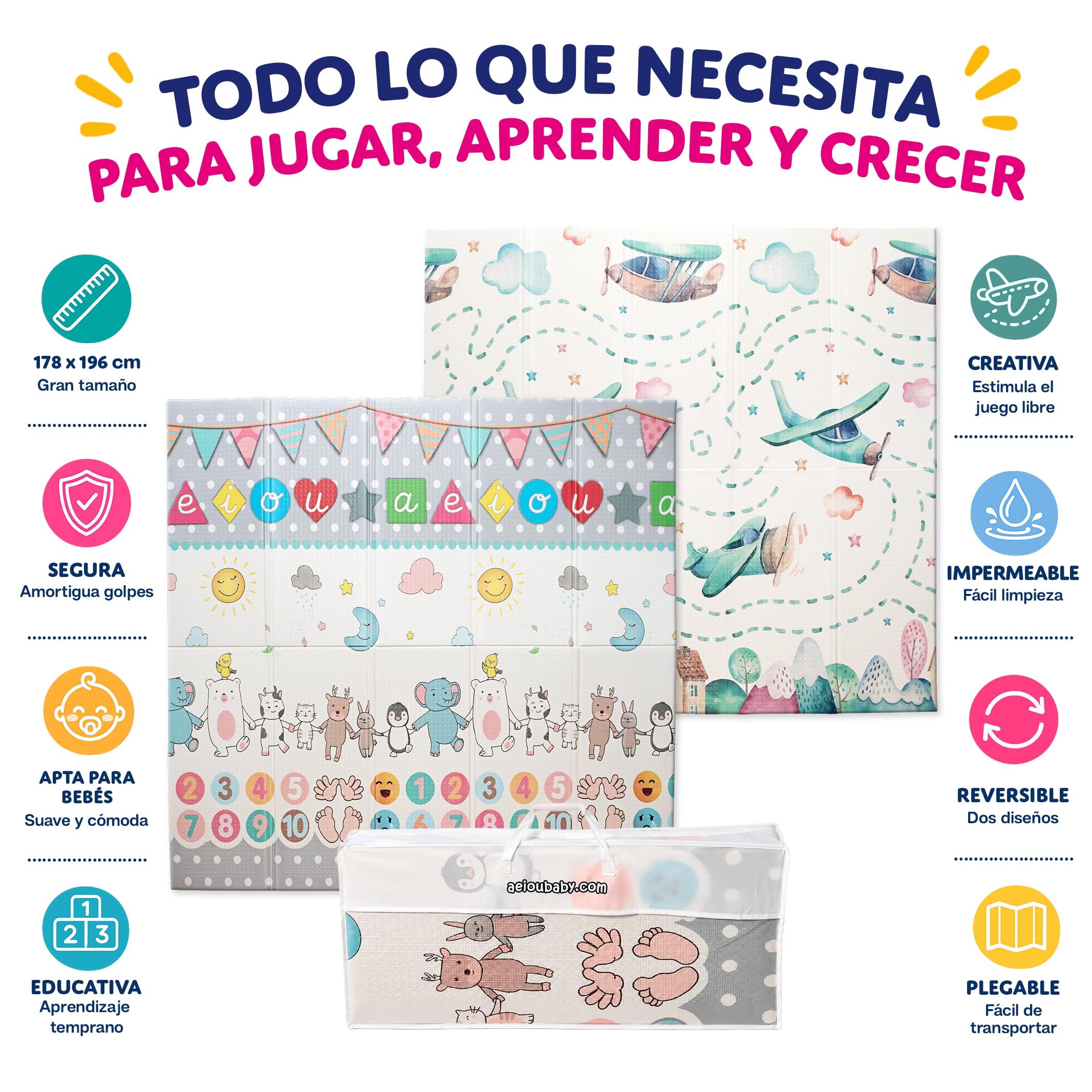 Tappeto Gioco per Bambini Pieghevole e Reversibile | Grande e Sicuro 178x196 cm XPE Non Tossico Certificato CE/ASTM | Educativo Evolutivo Decorativo Facile da Pulire