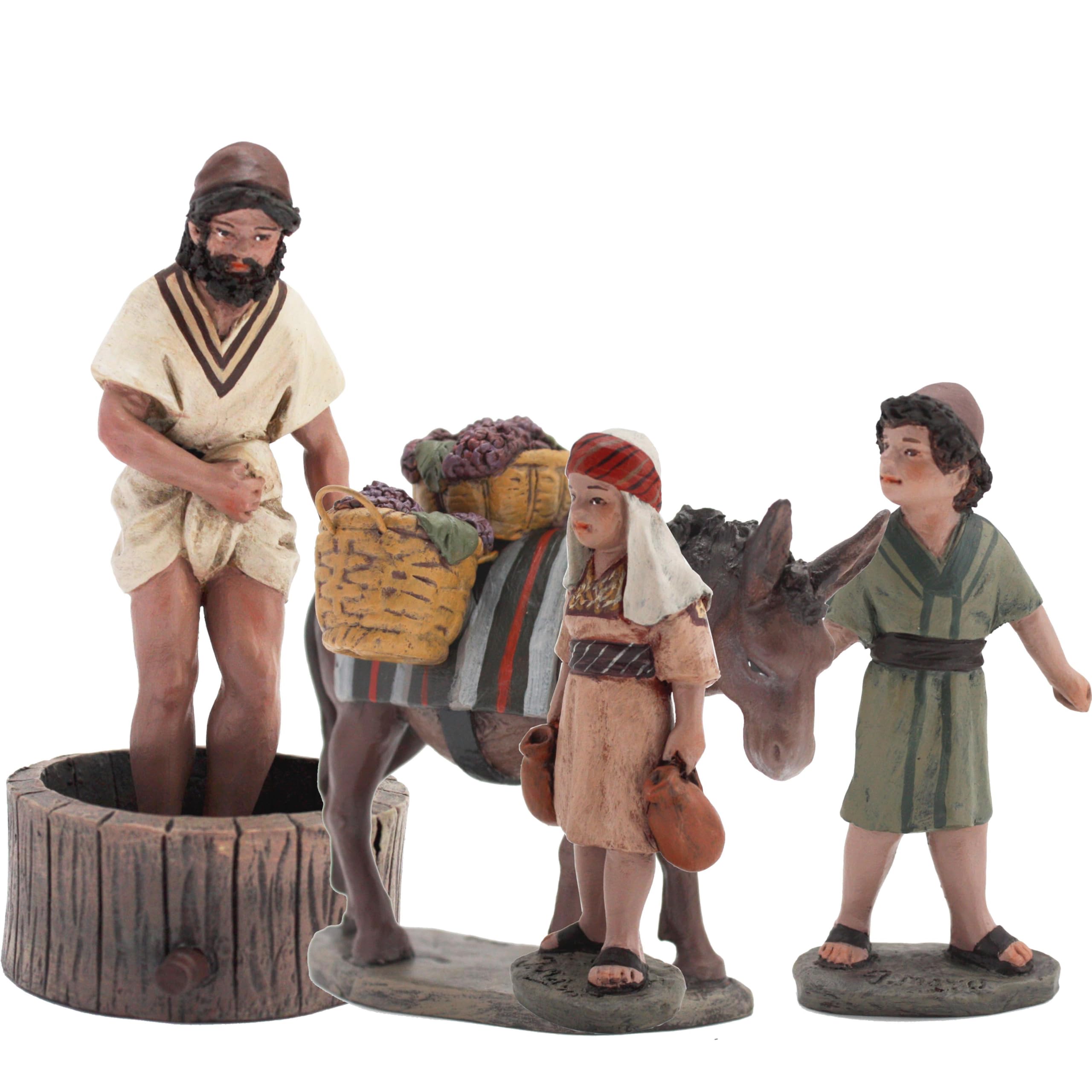 La Vendimia Borrico con cesto |Figuras de Belén |Serie 11cm| Diseñadas por José Luis Mayo |Decoración Navideña |Nacimiento (Vendimia Grupo de 4 Figuras)
