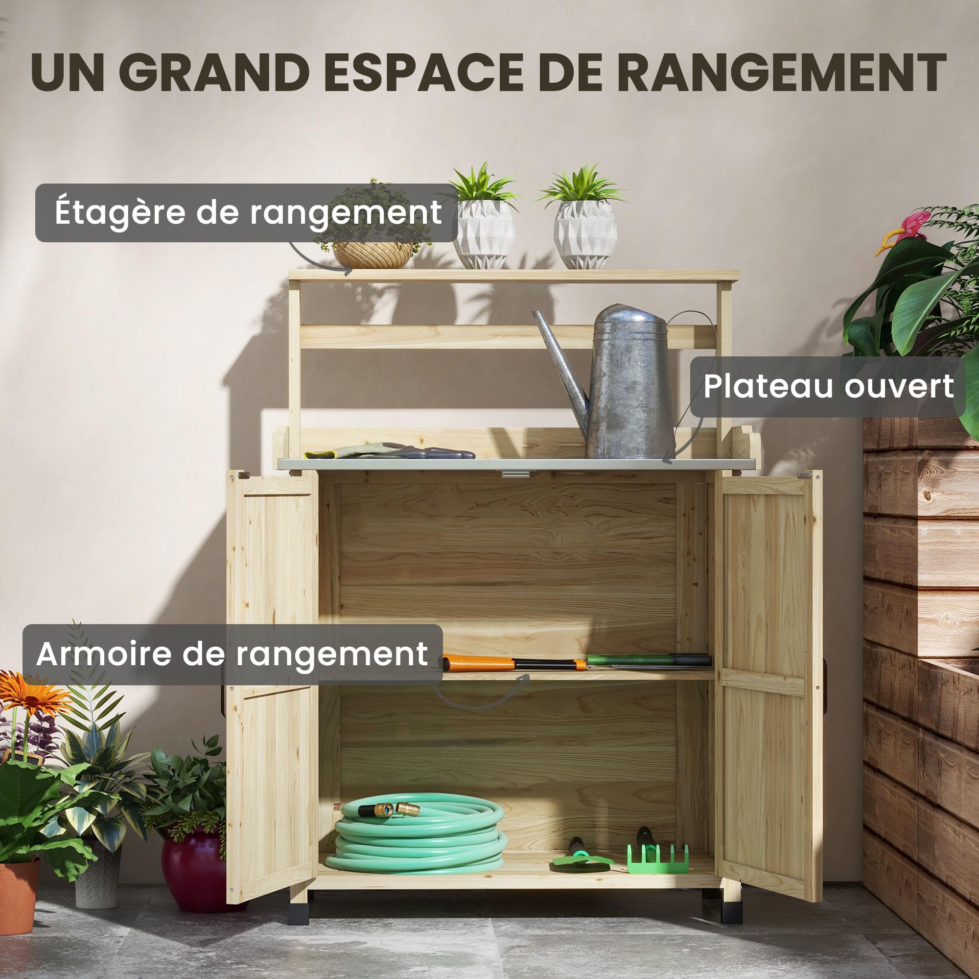 Outsunny Tavolo da giardino in stile rustico con armadio e ripiani e piano zincato antiscivolo in legno abete pre-oliato dim. 90,5 x 41 x 124,5 cm effetto legno naturale