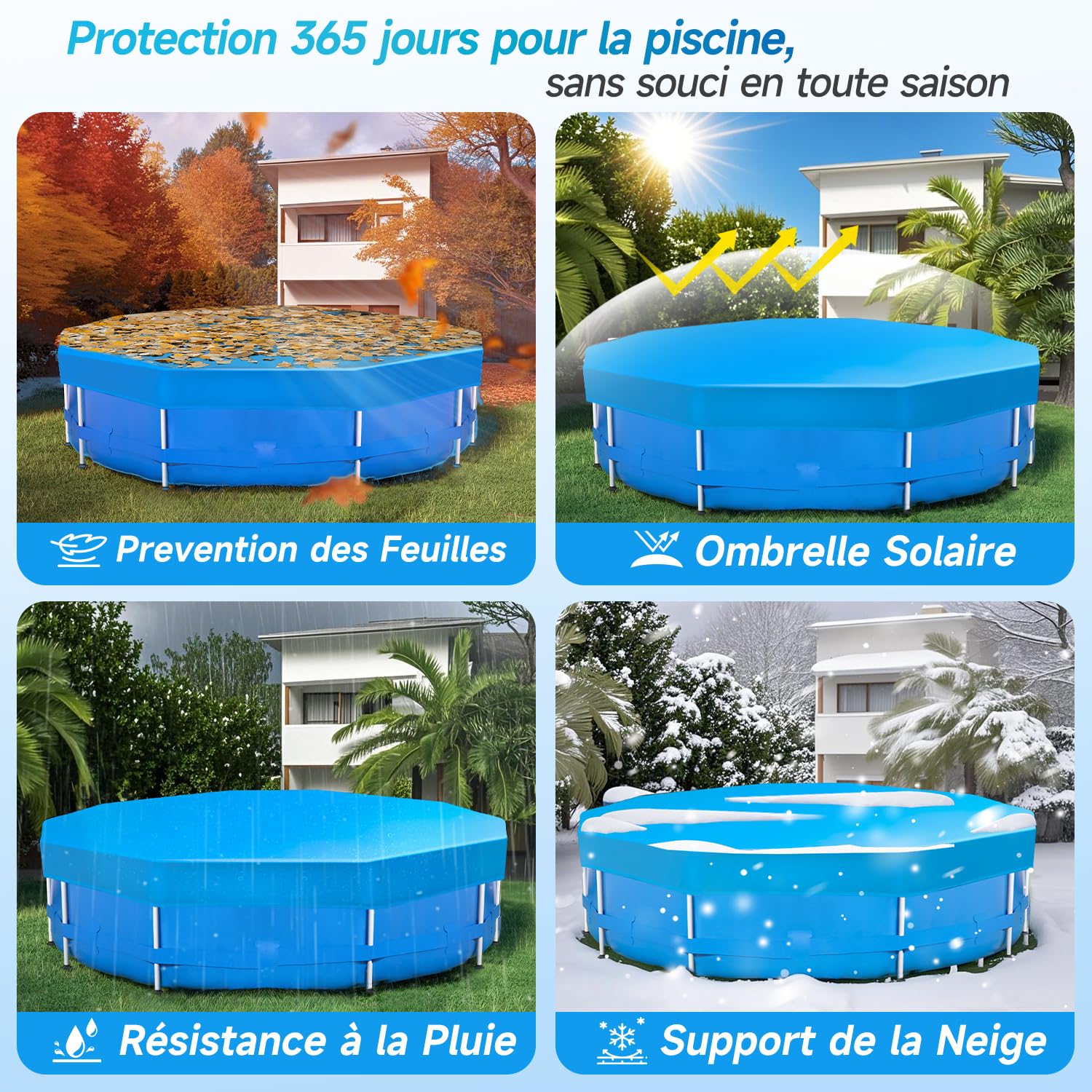 Sekey Bache Piscine Ronde 457cm–Spéciale Piscines à Cadre Métallique Rond |avec Lanières Ajustables et Bande Auto-agrippante |Antivent et Anti-Poussière |Toile Dense Résistante aux Déchirements |Bleu