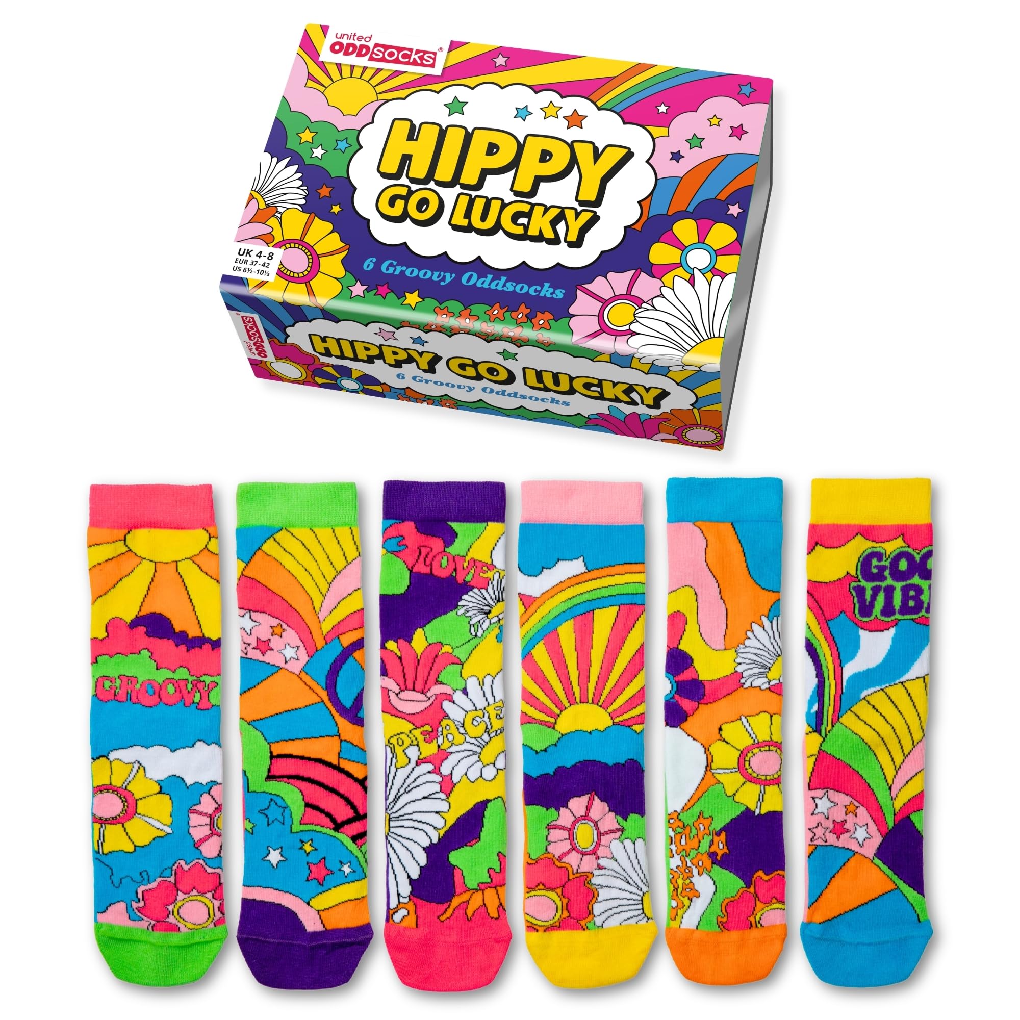 Hippy Go Lucky Gift Box – 6 Groovy Mix & Match Odd Socks for Women – UK 4–8, EUR 37–42, US 6.5–10.5 – Colourful Festival-Inspired Fun Gift for Birthdays, Christmas & Mother’s Day