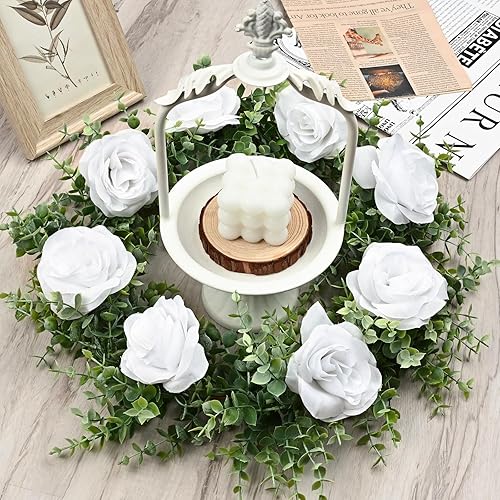 Miniatura 7 de Dolicer Paquete de 2 guirnaldas de eucalipto artificiales de 12 pies con rosas blancas, rosas de seda falsas, guirnalda floral sintética para telón