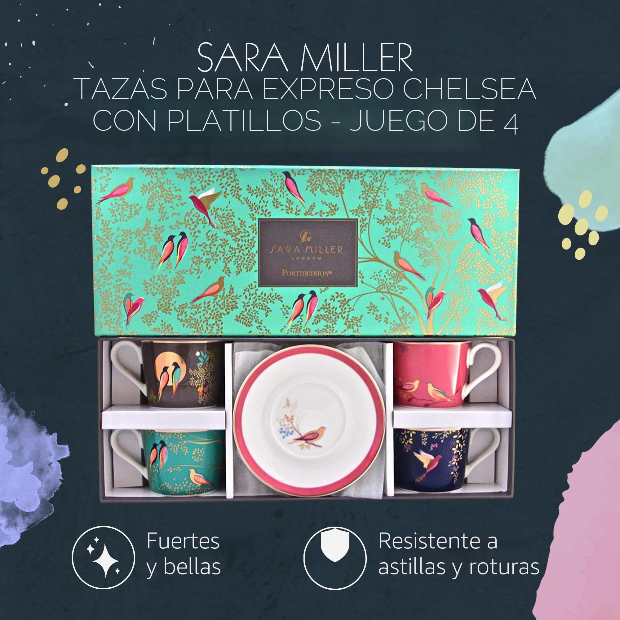 Sara Miller SMC79194-XG London Chelsea Collection - Juego de 4 tazas y platillos para café expreso (porcelana)