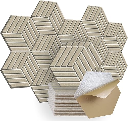 12 paneles hexagonales de absorción de sonido autoadhesivos, panel acústico de alta densidad de 14 x 12 x 0.4 pulgadas, elegante acolchado acústico