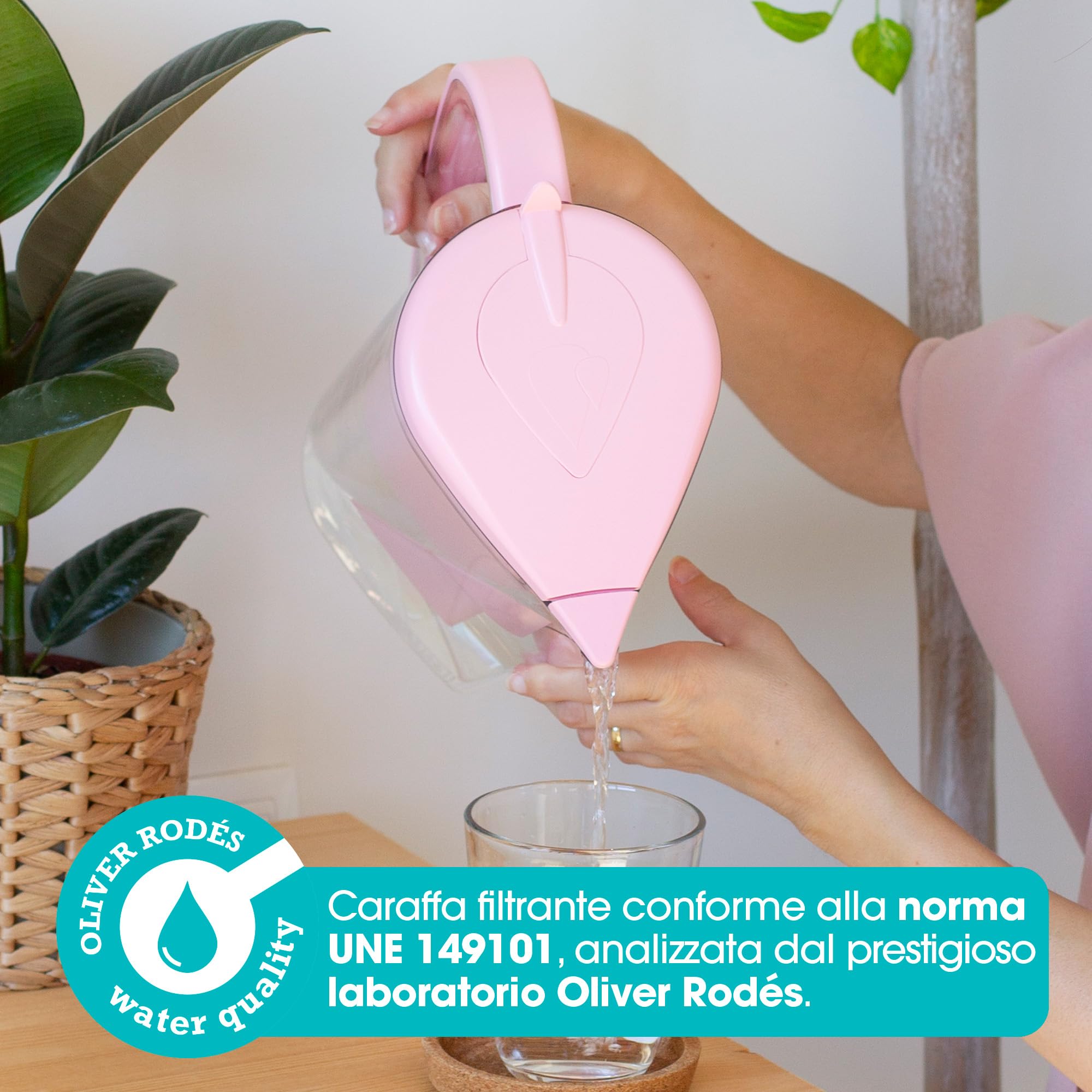 ALKANATUR Caraffa filtrante acqua Alkanatur Drops Rosa | Idrogena + ionizza + apporta magnesio | Elimina cloro + metalli + batteri | Normativa UNE 149101:2015 | Capacità 1.4L senza sostanze tossiche