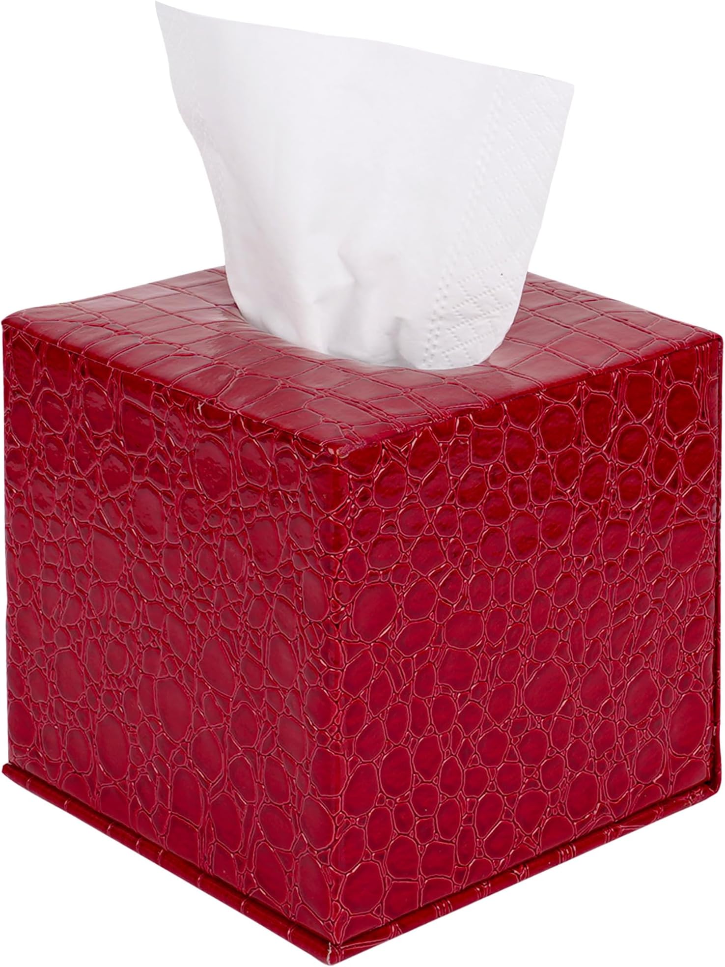 Crocodile Pattern Leather Cube Tissue Box Cover, Standard Size Cube Box Holder, Magnetic Bottom Closure Square Tissue Dispenser with Magnetic Base for Home Office (Red)