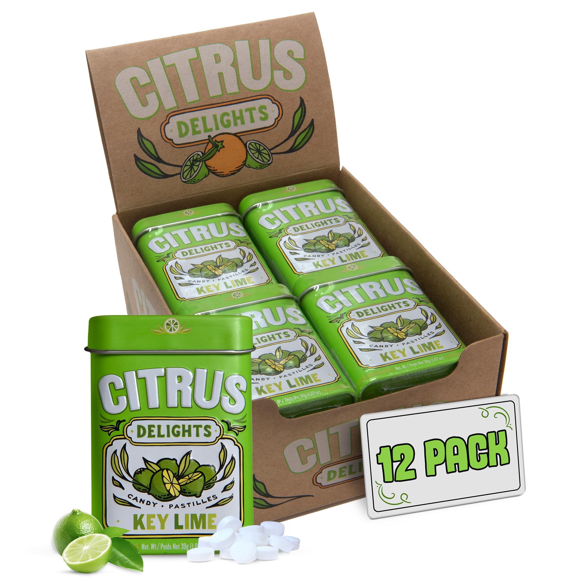 Citrus Delights Key Lime Candy – 30 Count Tin (Pack of 12) | Natural Citrus Hard Candy Pastilles | Vegan, Gluten-Free, Kosher Certified | Aspartame-Free & Xylitol-Free | No Artificial Colors