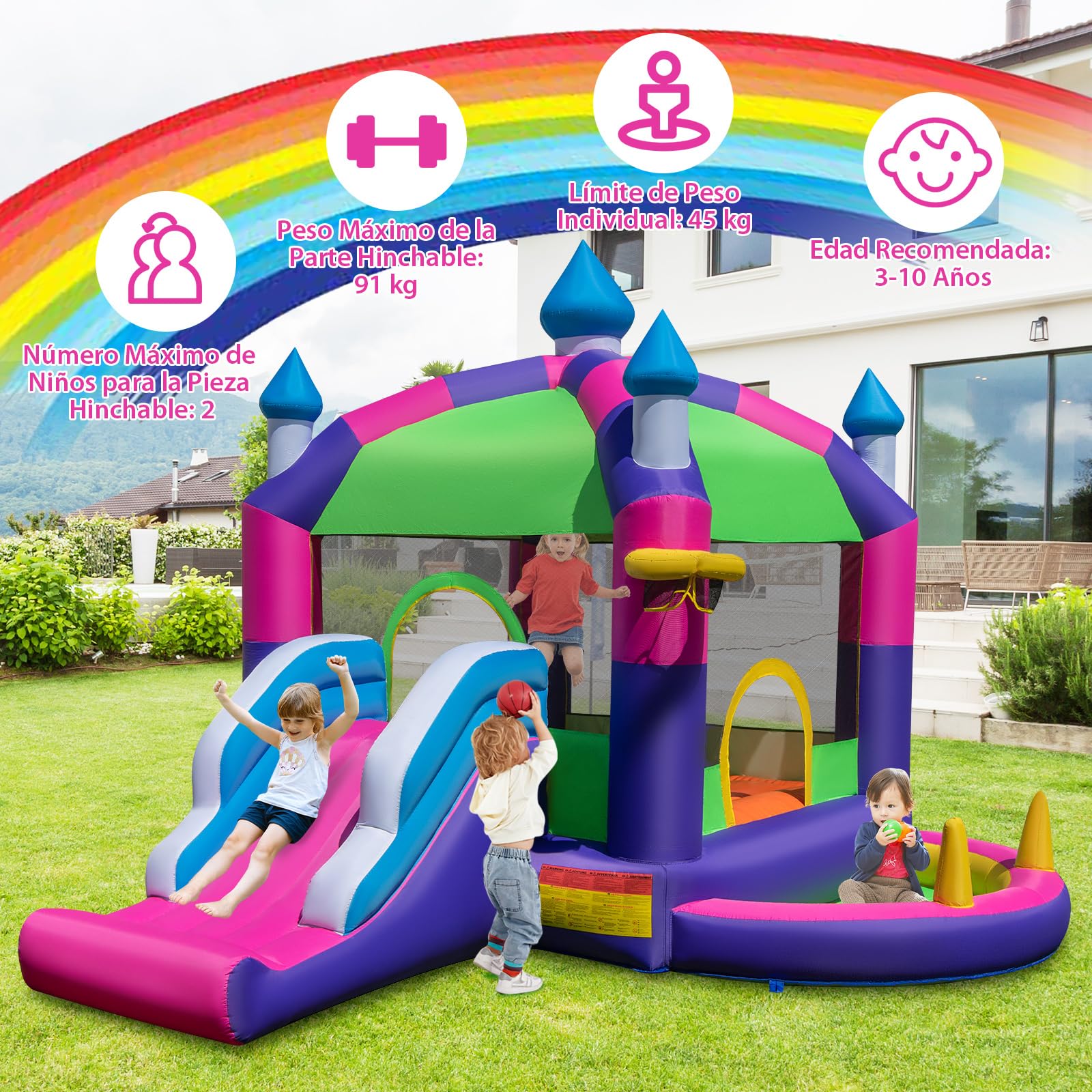 COSTWAY 5 en 1 Castillo Hinchable para Niños, Castillo Hinchable Grande con Tobogán, Piscina de Bolas, Techo Sombreado, para Niños 3-10 Años, Insuflavel Criança Interior Exterior, 385 x 332,5 x 300 cm