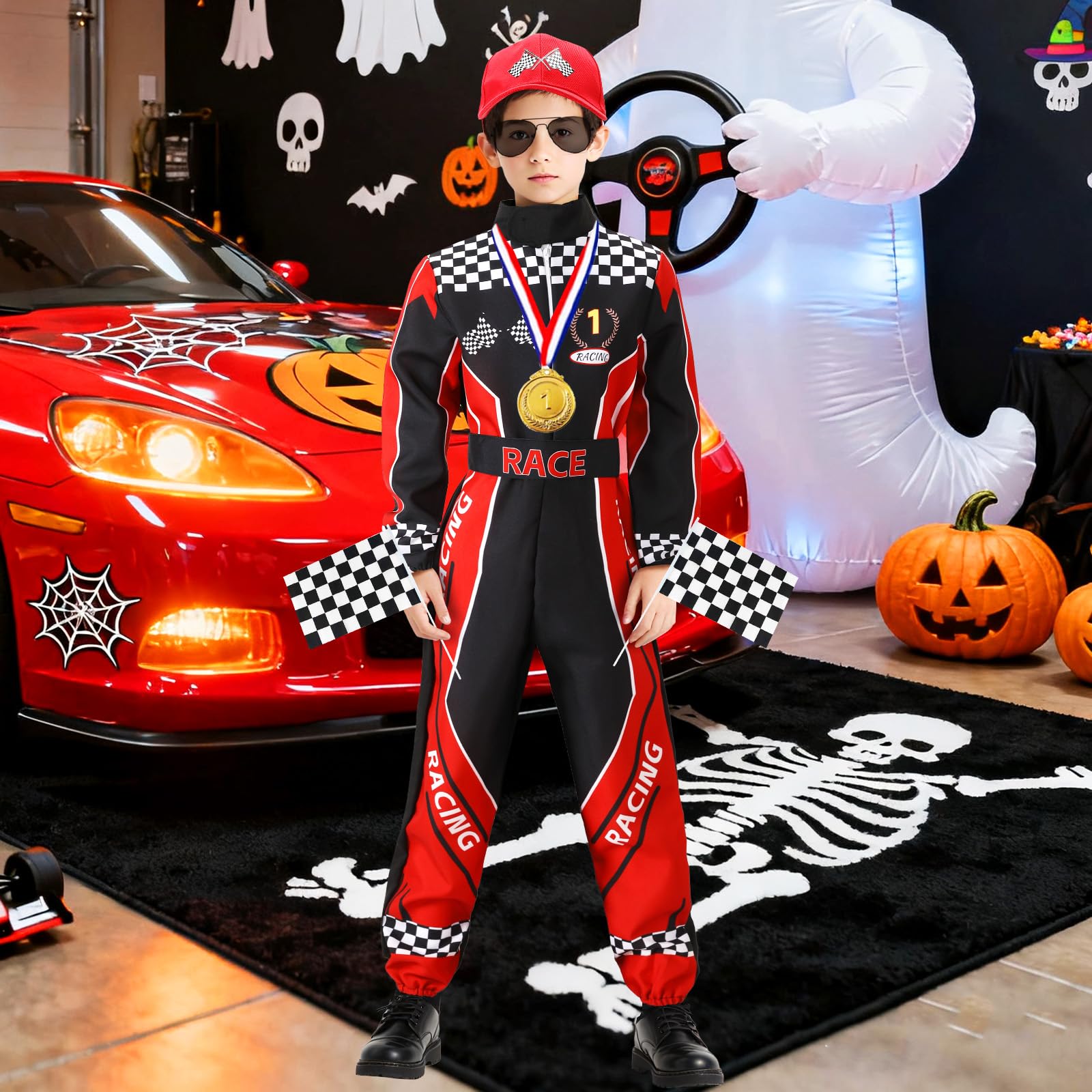 Rennfahrer Kostüm Kinder Race Overall Jumpsuit mit Gläser Medaille Hut Flagge für Halloween Karneval Racer Cosplay