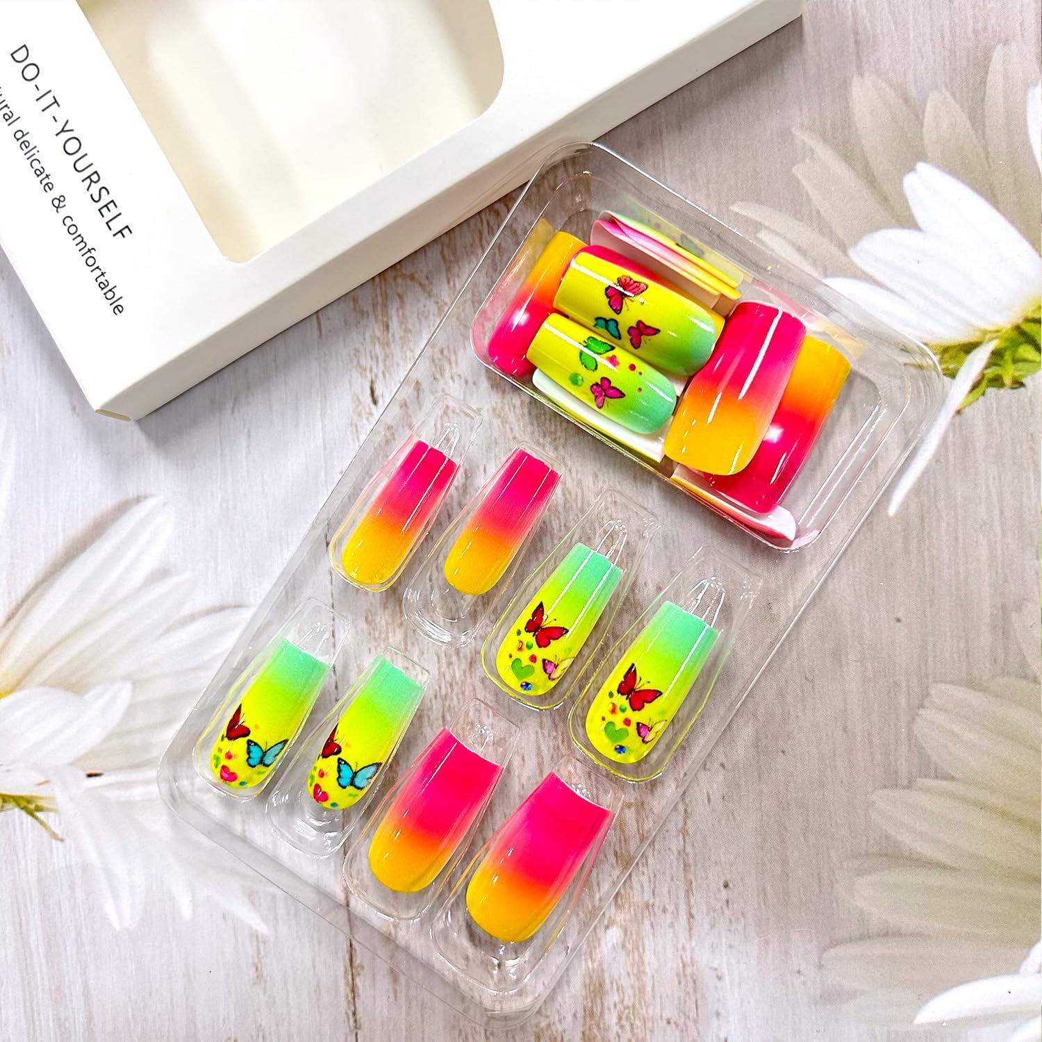 24Pcs Butterfly Gradient Nails, Glitter Acrylic Full Cover Coffin Nails - Medium Press ons, Ballet Tip Design - Image 4