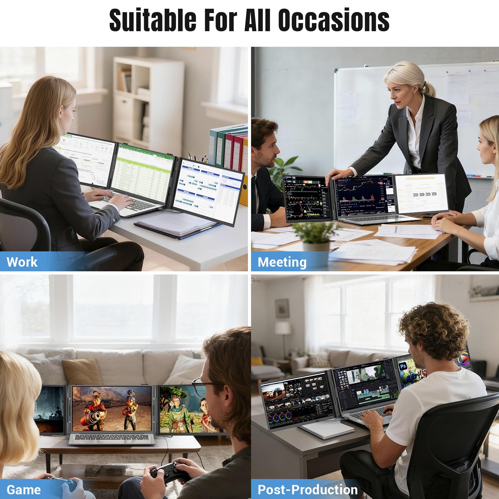 Ultra-dünner Portable Monitor for Laptop, 14” Triple Laptop Bildschirm Extender, 1080P FHD Laptop Screen Extender, ultraleichte Reisemonitore für 13,3-17,3” Laptops, kompatibel mit Windows/Mac