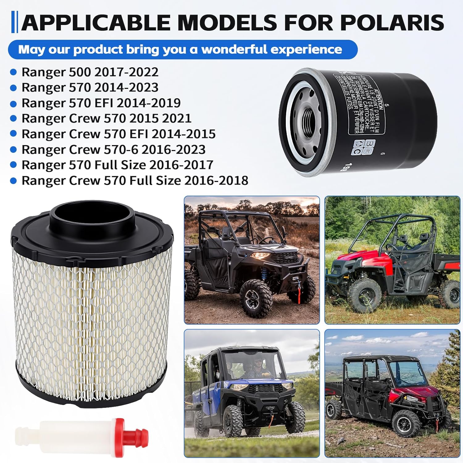 Air Filter & Oil Filter & Spark Plug Kit for Polaris Ranger 570 500 570 Crew 570 EFI 570 Full Size 2016 2017 2018 2019 2020 2021 2022 2023 Replace for 7082037 2521372 2540086(4 PCS)