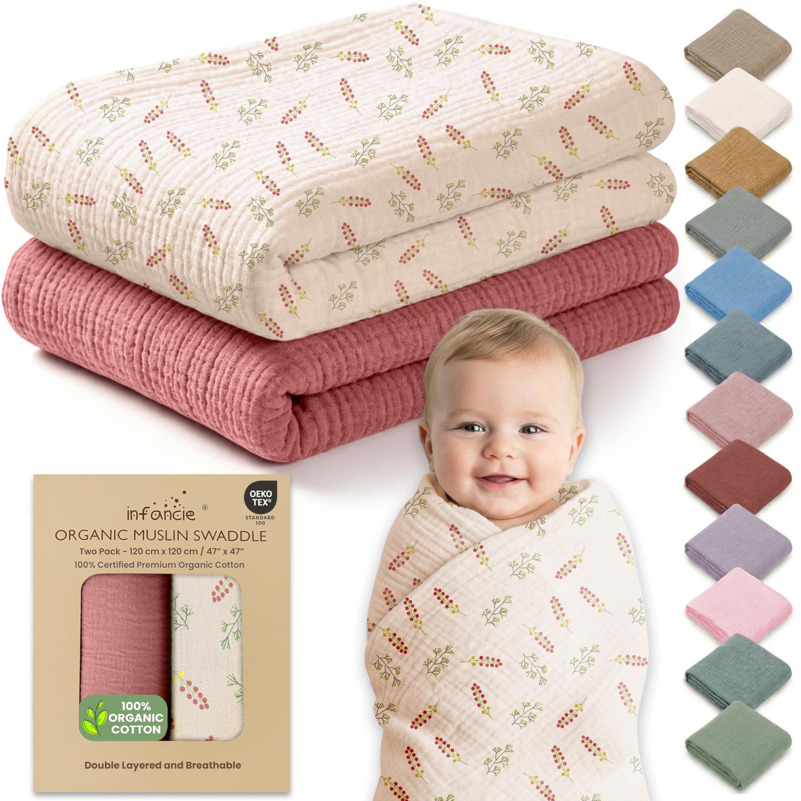 Infancie Men's Pink Floral Organic Cotton Muslin Baby Blanket Swaddle 120X120cm Newborn Gift (Pink Floral)