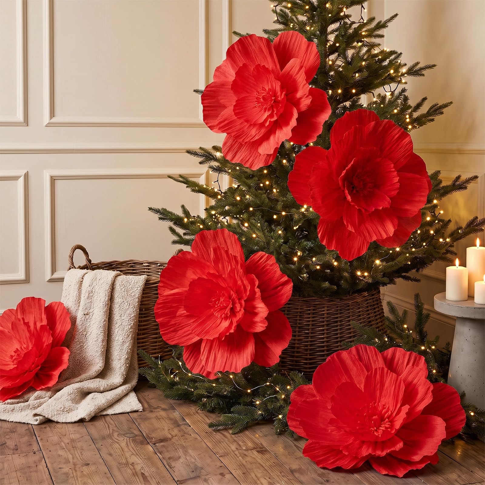 Crtiin Lot de 9 grandes fleurs de poinsettia en papier crépon pour décoration de sapin de Noël, couronne de Noël, décoration murale d'intérieur (rouge)