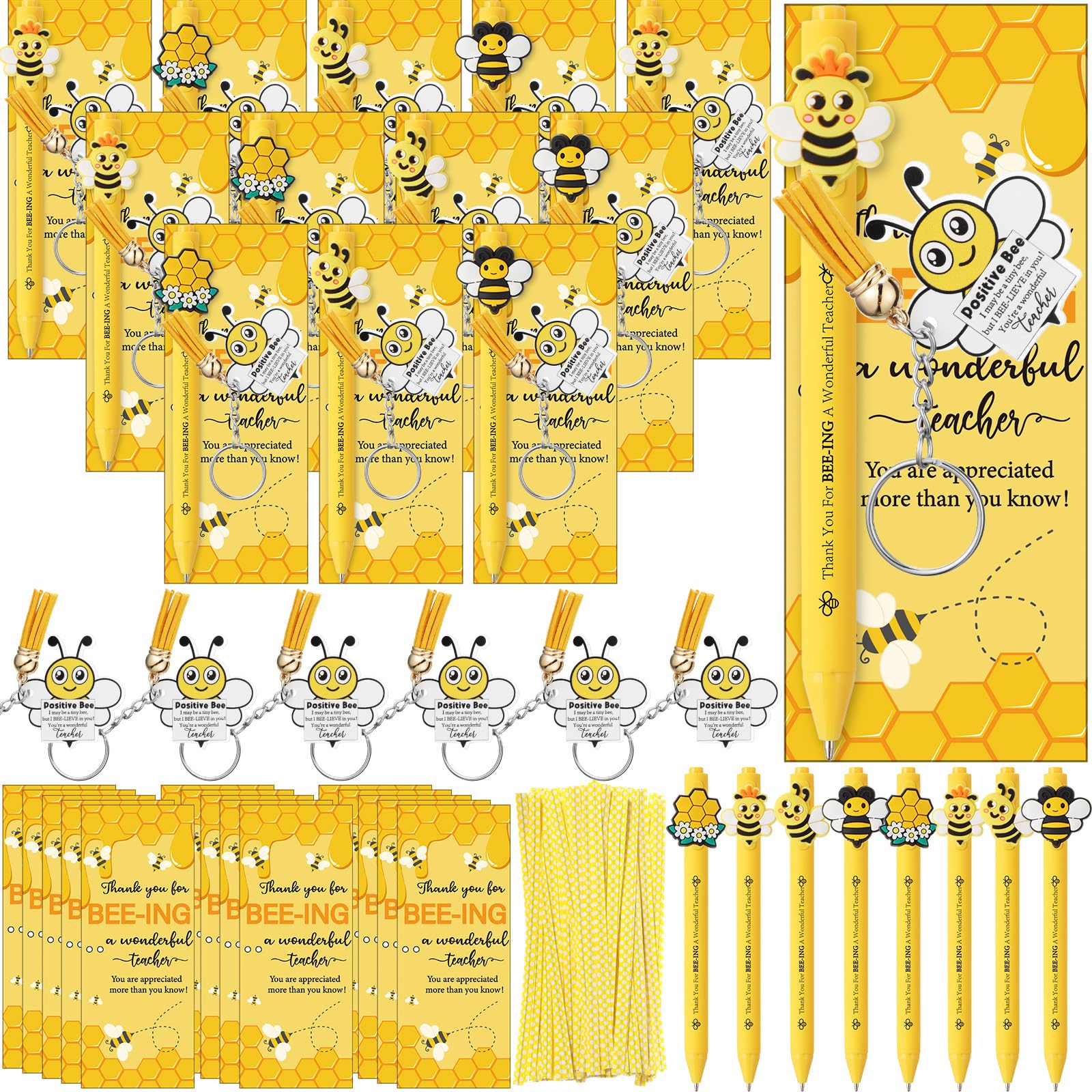 Sayglossy 36 Sets Lehrer-Wertschätzungsgeschenke, positive Bienentiere, Schulgeschenke, Großpackung, Dankeschön, Geschenk, Kugelschreiber, Schlüsselanhänger, inspirierende Grußkarte mit Bindebändern