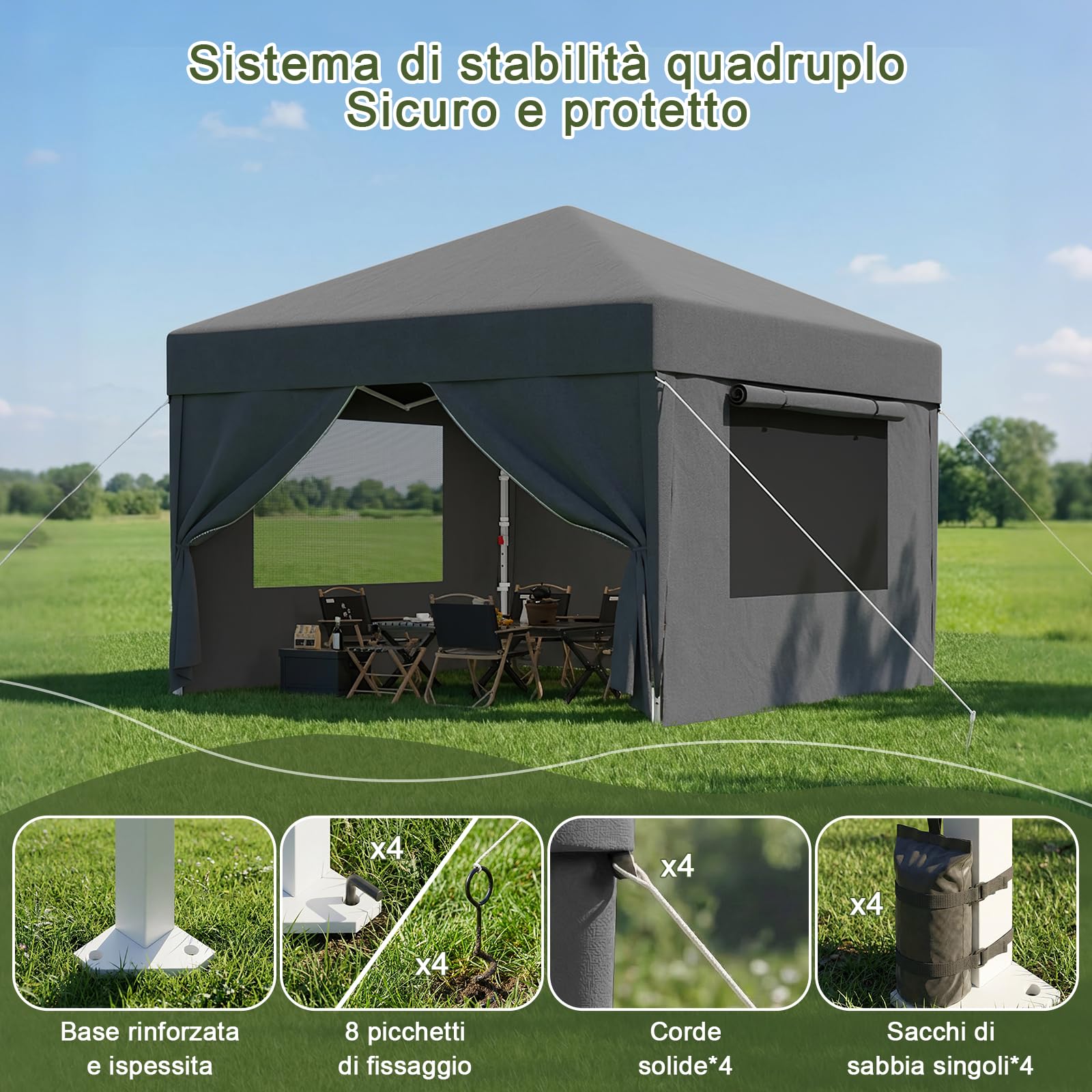 Devoko Gazebo Pieghevole 3x3 Impermeabile Stabile Invernale con Finestra a Rete Aerata, Protezione UV 50+, Tenda da Giardino Campeggio Grigio