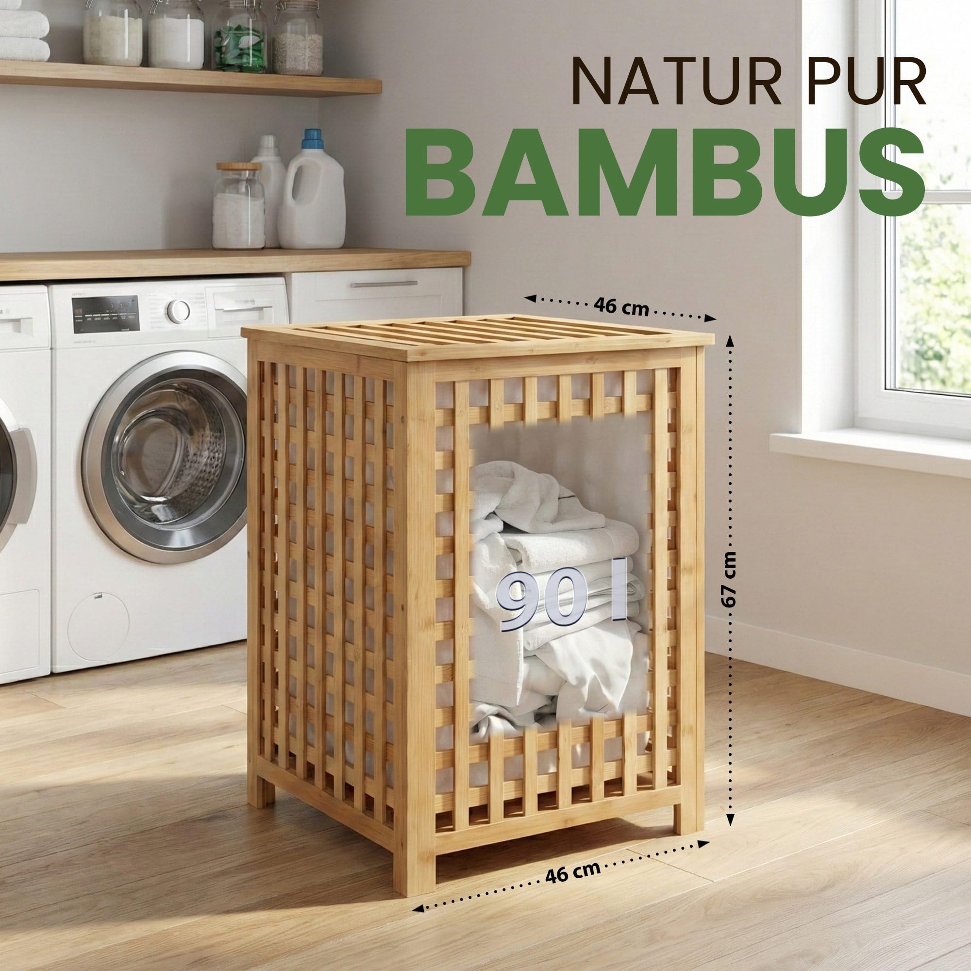 CLP Wäschebox für Schmutzwäsche Lenca, Wäschesammler Holz Wäschesack 90L waschbar herausnehmbar, Bambusrahmen für Badezimmer, Farbe:natur