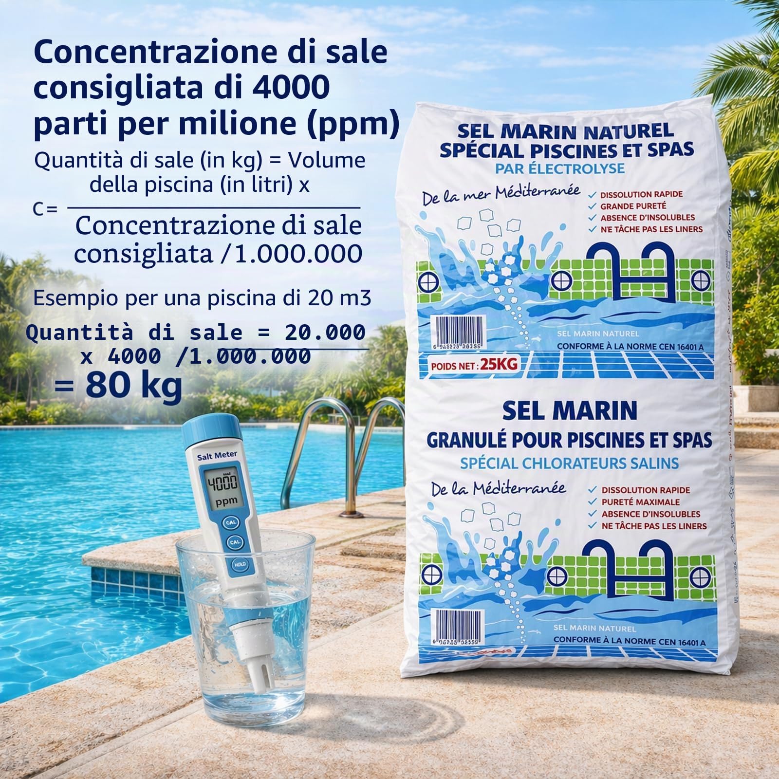 10 sacchetti di sale fine per piscina (dissoluzione rapida) - 25 kg