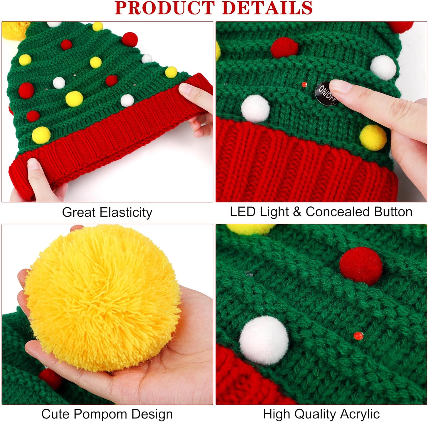 Aodaer 4 LED Christmas Knitted Beanies - Red Elf Hat, Light Up Christmas Knit Hat, Skull Caps for Adults - Image 3