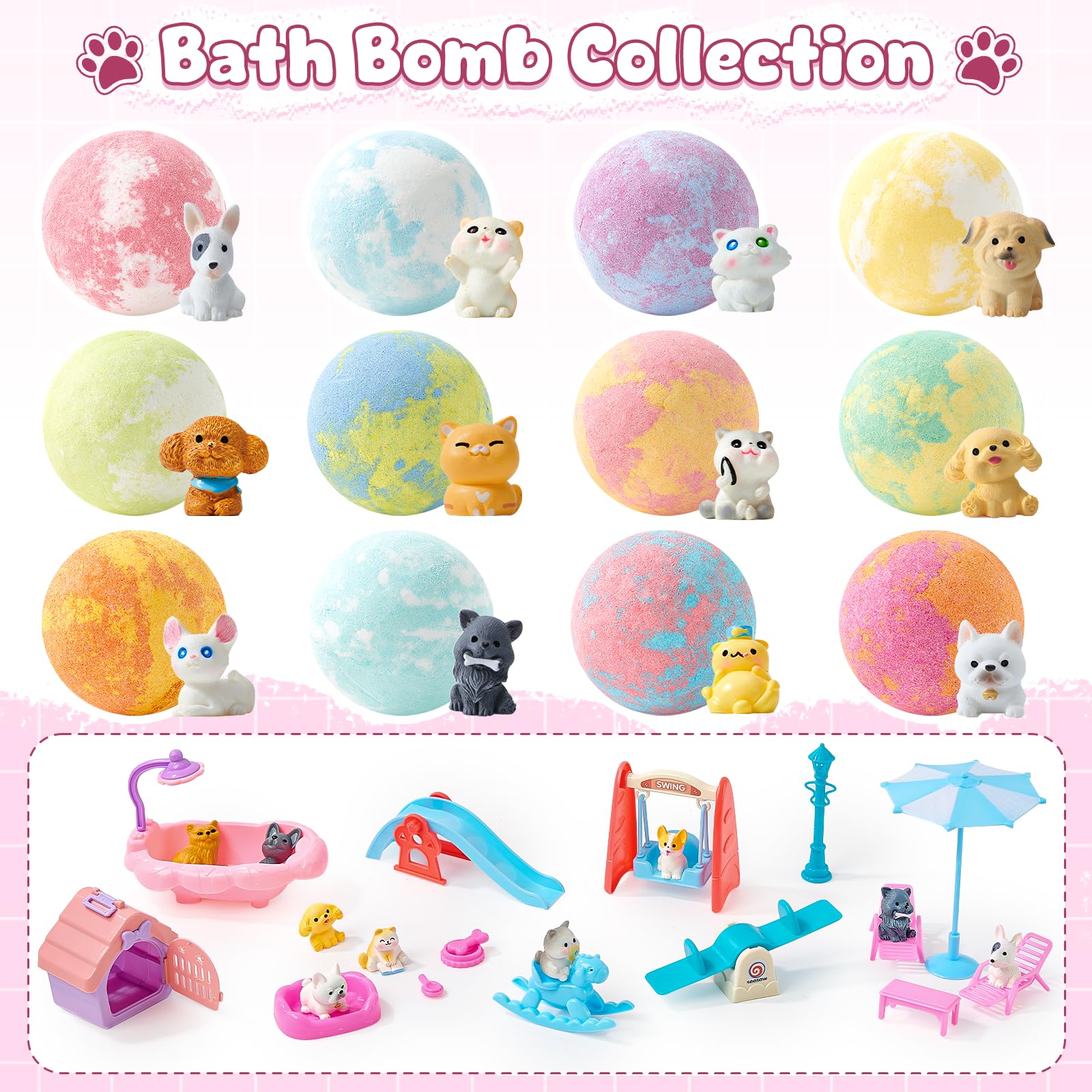 Bombe de Bain Enfant Surprise 12pcs Boule de Bain avec Jouets Chiens Chats Bombe de Douche Aromatherapie Jouets de Bain pour Enfant Fournitures de Loisirs Créatifs Cadeau Anniversaire Garçons Filles