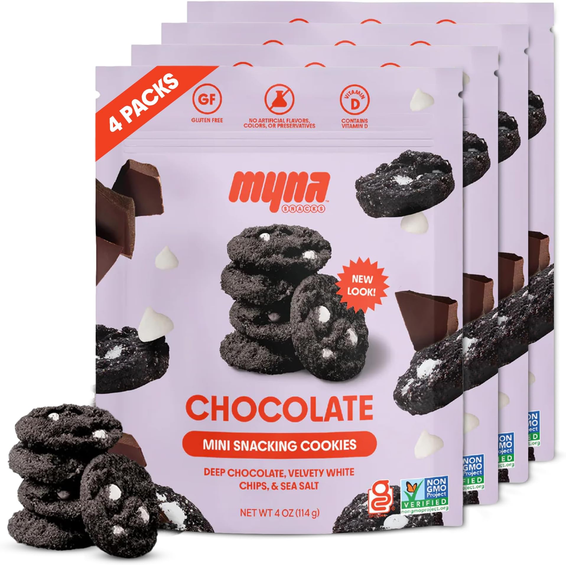 Myna Snacks Midnight Mini Snacking Cookies - Seed Oil Free Snacks - Gluten and Dairy Free Snack - Chocolate Cookies w/White Chips - Healthy Dessert - Sweet Cookie Bites, 16oz (Pack of Four, 4oz Bags)