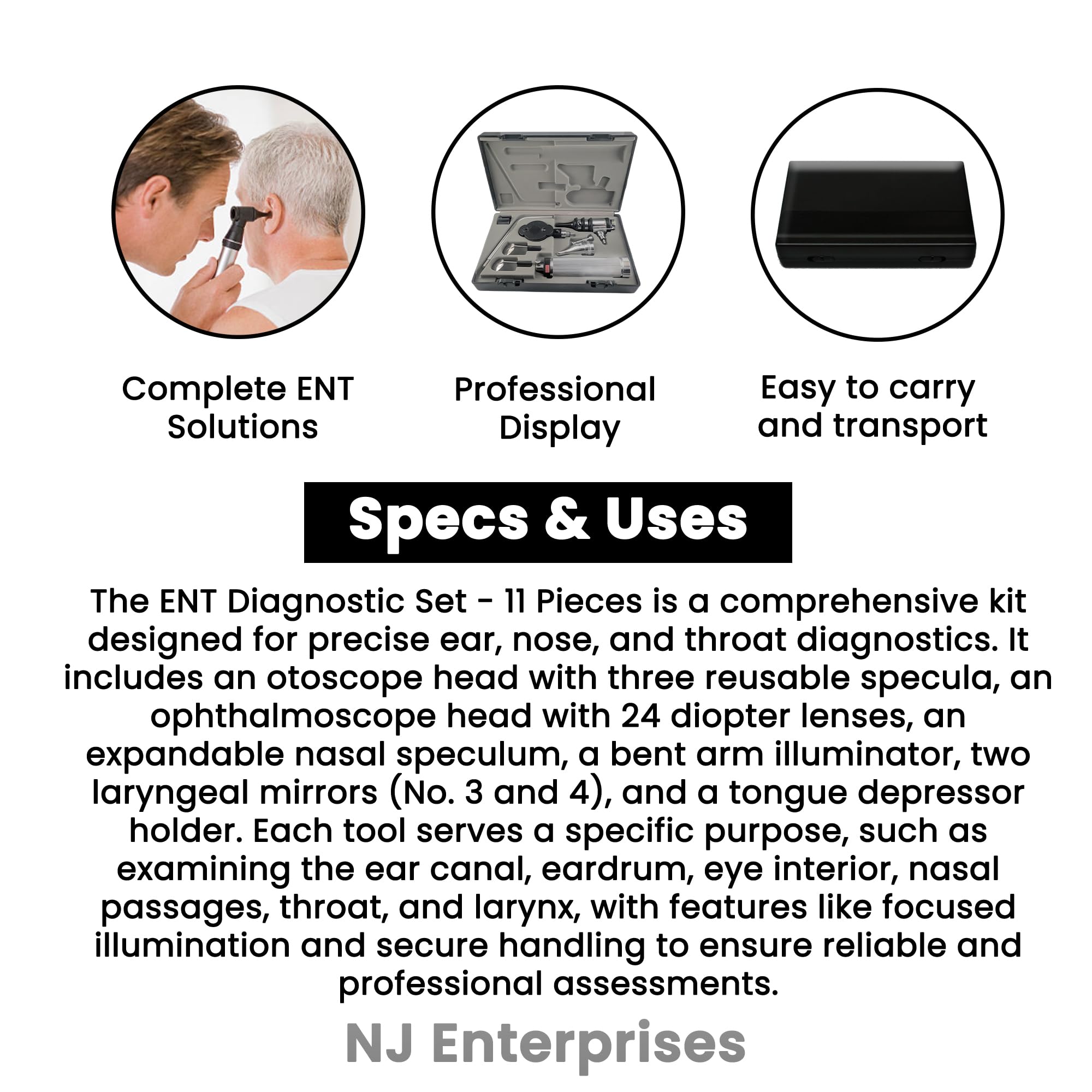 Kit de diagnóstico ENT para uso veterinario, juego completo de diagnóstico ENT con oftalmoscopio y otoscopio, espéculo de metal de diagnóstico médico, animales pequeños, kit de