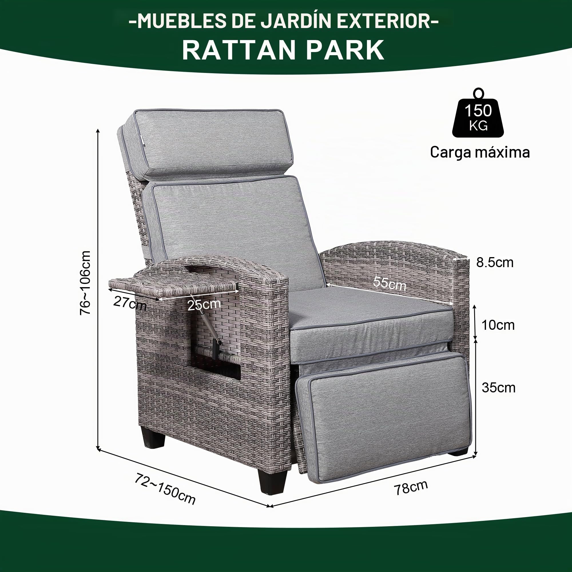 Rattan Park Sillón de Relax de Mimbre con Respaldo Ajustable, con Mesa Plegable y cojín, para jardín, terraza, Exterior (Gris)