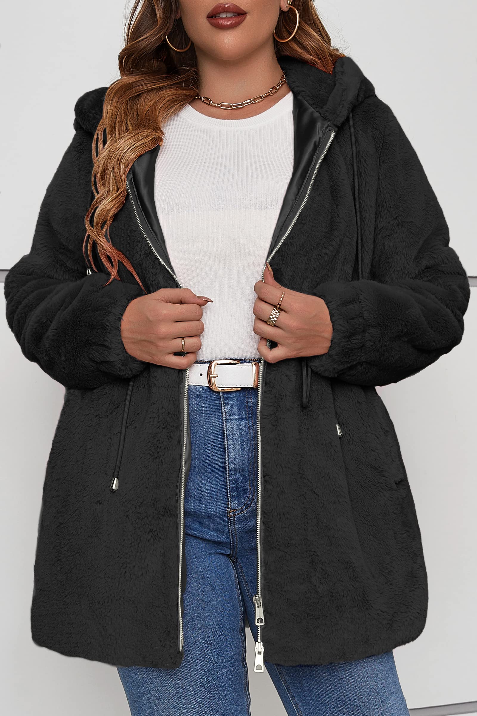 Geschallino Abrigo de Piel Sintética para Mujer Talla Grande Invierno Largo de Sherpa Esponjoso Capucha Chaqueta Polar