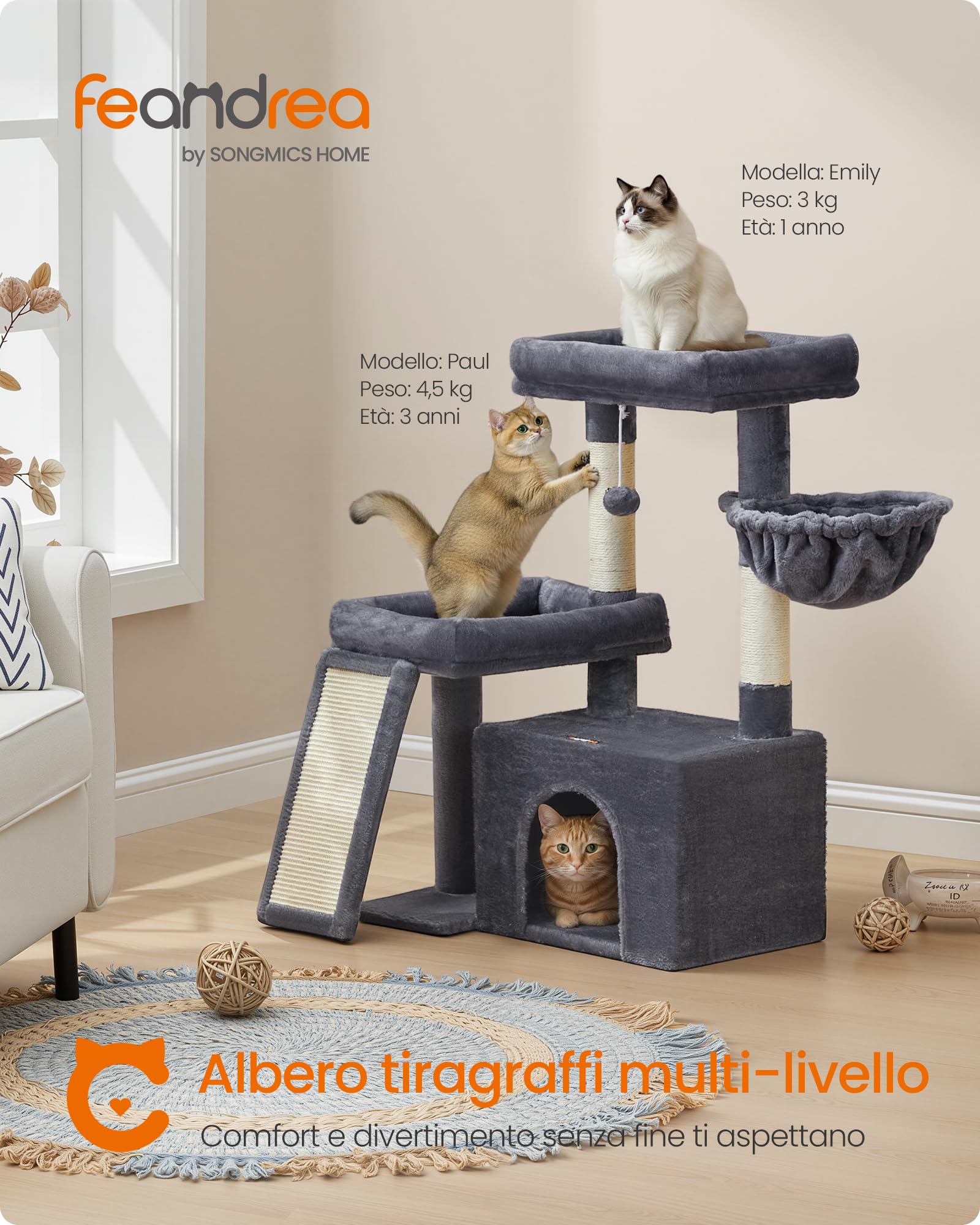 Feandrea Albero per Gatti con 2 Letti Grandi, Tiragraffi con Pali e Rampa Graffiatoio, Alto 85,8 cm, Grigio Scuro PCT013GS01