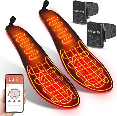 5000 mAh Heated Insole for Men Women Rechargeable, App-Controlled Timer Cuttable Electric Feet Warmers Up to 11 Hours with 5 Temperature Gear Toe