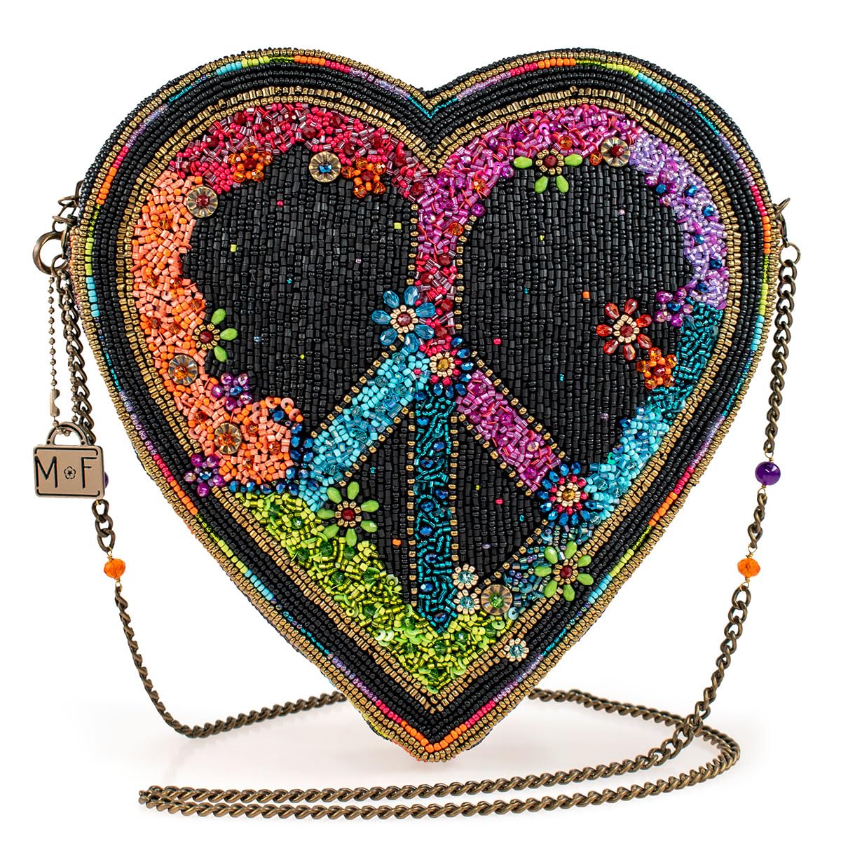 Mary Frances Peace Out Heart Beaded Crossbody Handbag – Colorful Statement Purse for Wedding or Party, Multicolor