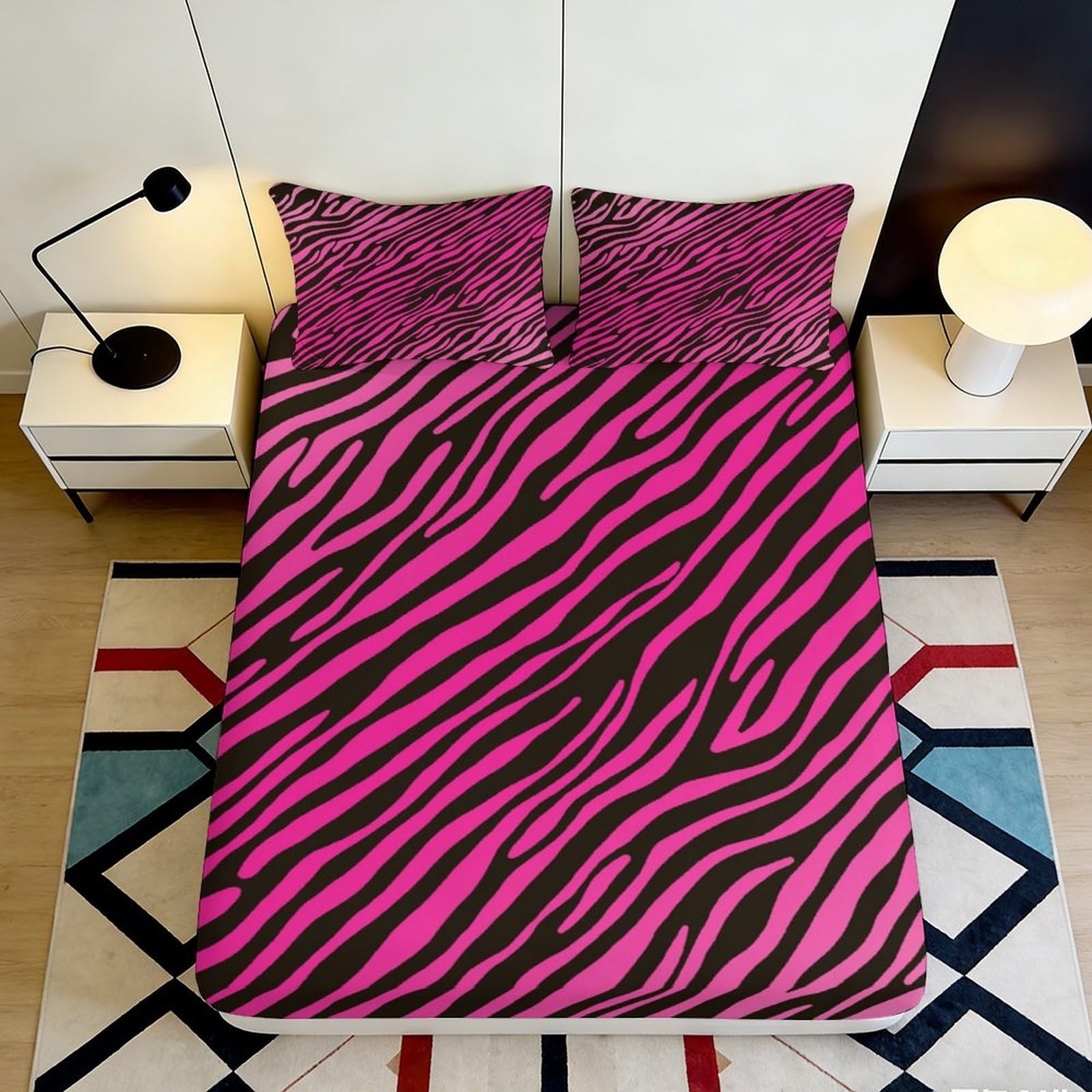 3D Printed Pink Zebra Fitted Sheet Microfiber 3D Printed Striped Bed Cover for Bedroom Dormitory Guest Room Mattress Protection Decor 200x200x25cm