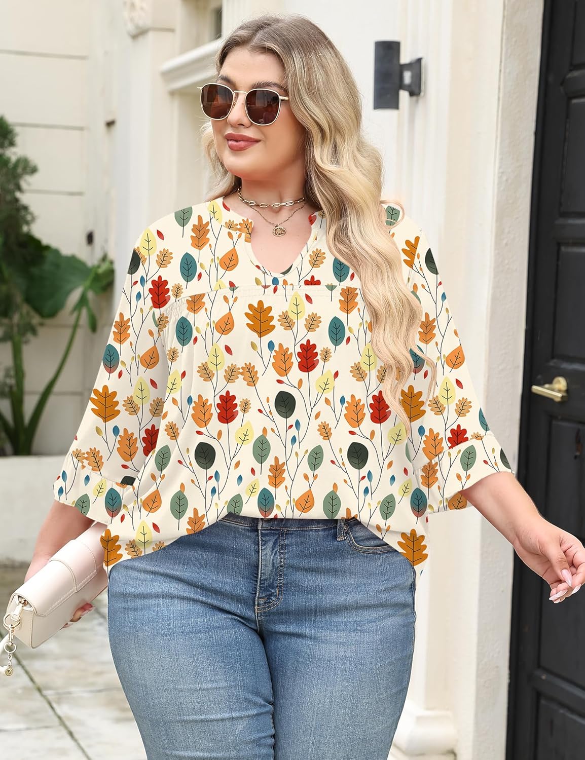 TFSDOD Plus Size Tops for Women V Neck 3/4 Sleeve Pleated Blouses Dressy Casual Fashion Tunic Top (1X-5X) - Image 5