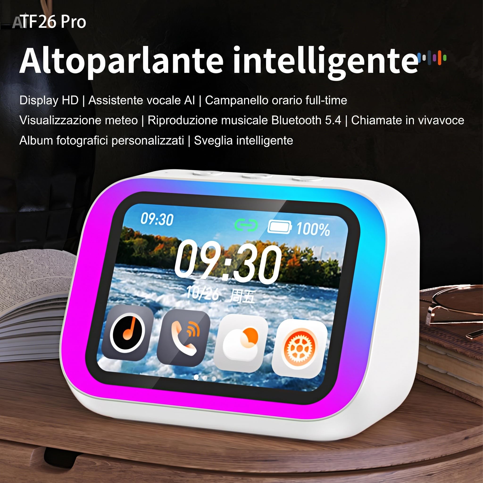 Altoparlante Bluetooth con Display 4" – Smart Speaker con Assistente Vocale, Chiamate, Musica, Meteo, Calendario, Sveglia, Orologio Mondiale, Effetti Luce, Cerca Telefono, Fotocamera Remota (Nero)