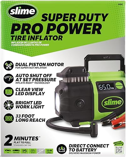 Miniatura 2 de Slime 40083 Inflador de neumáticos, Super Duty Pro Power, conexión de batería, pistón doble, con calibre digital de 0-99 psi, manguera larga y luz