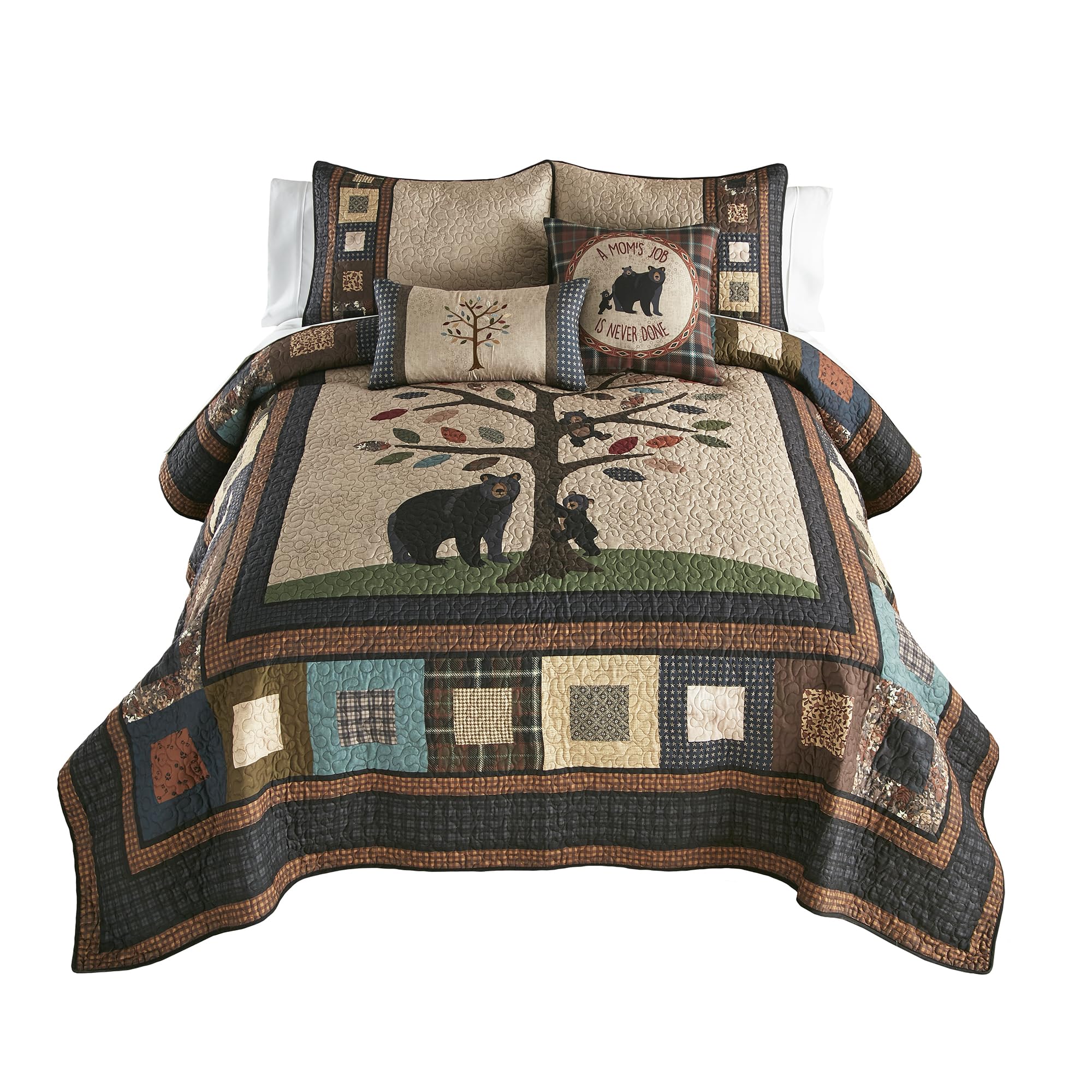 Donna Sharp Full/Queen Bedding Set - 3 Piece - Tree of Love Bear Design Lodge Quilt Set with Quilt and Two Standard Pillow Shams - Fits Queen Size and Full Size Beds - Machine Washable
