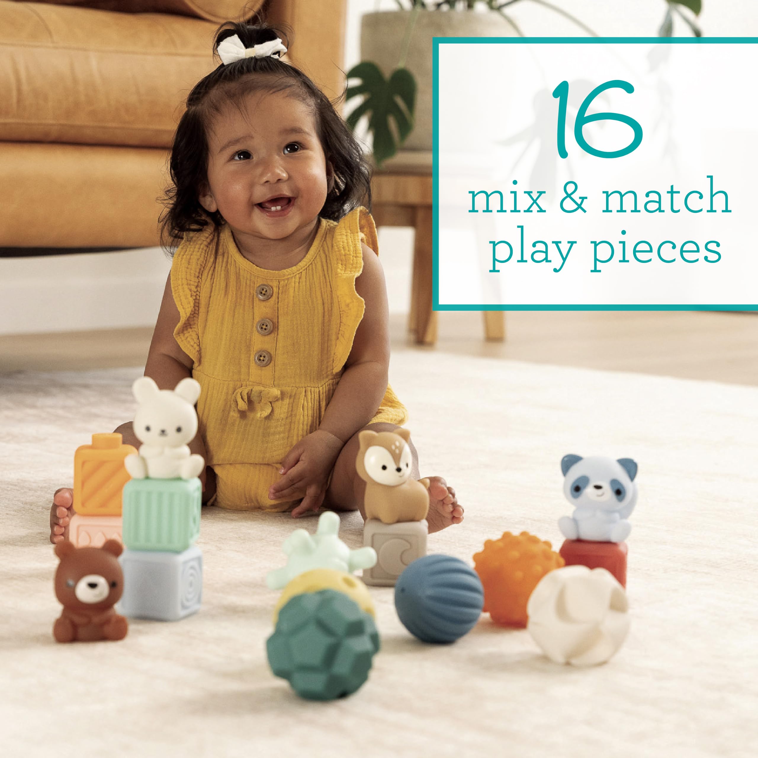 Infantino Woodland Pelotas, Bloques y Amigos, Set Sensorial para Bebés de 16 Piezas, Bloques Apilables Suaves con Figuras de Animales, Pelotas Sensoriales Texturizadas para Bebés de 6 a 18 Meses