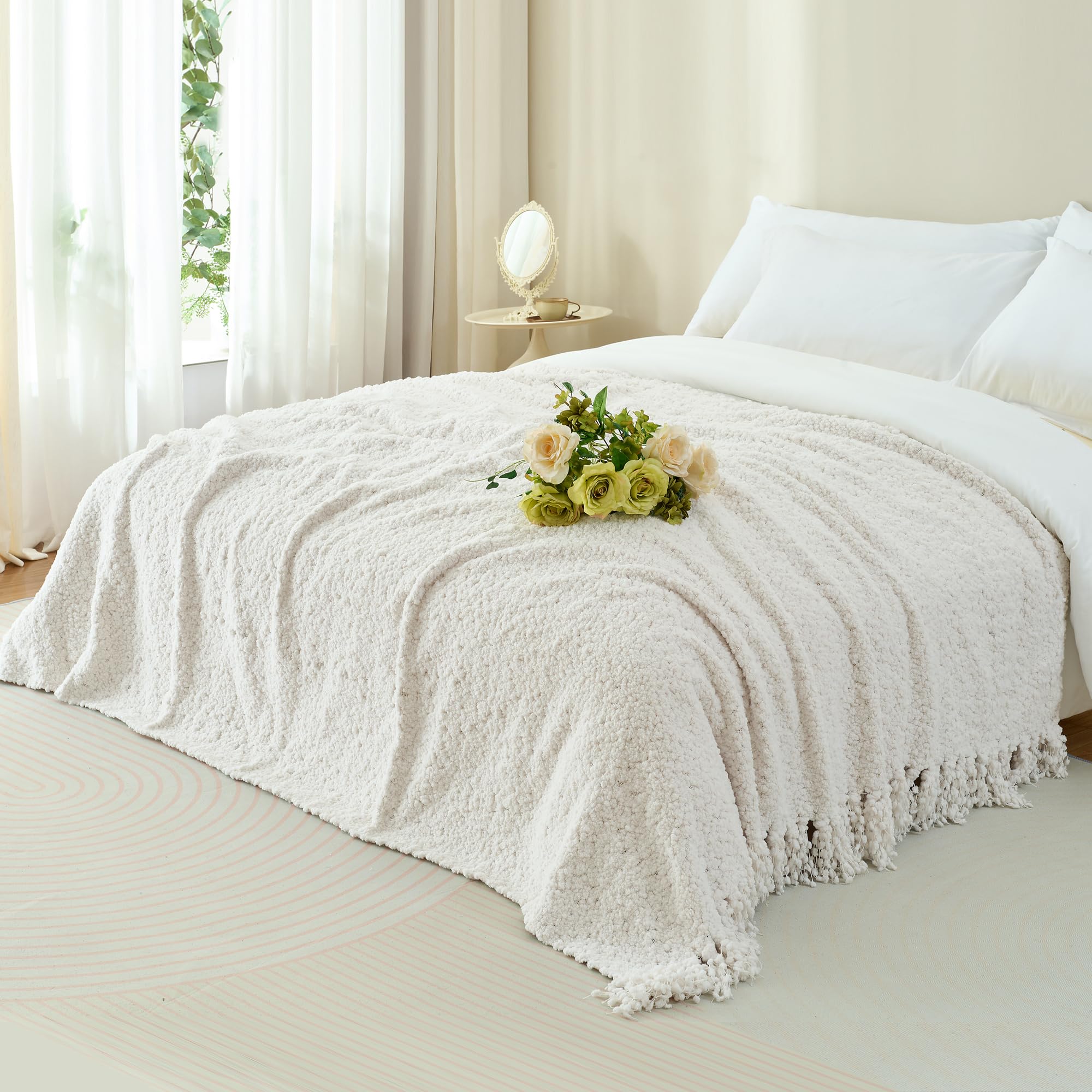 Überwurfdecke für Couch, luxuriös, gestrickte Überwurf, 152,4 x 203,2 cm, strukturierte Strickdecke mit handgefertigten Fransenquasten für Bett, Sofa, dekorativ, klobig, weich, Bauernhaus,