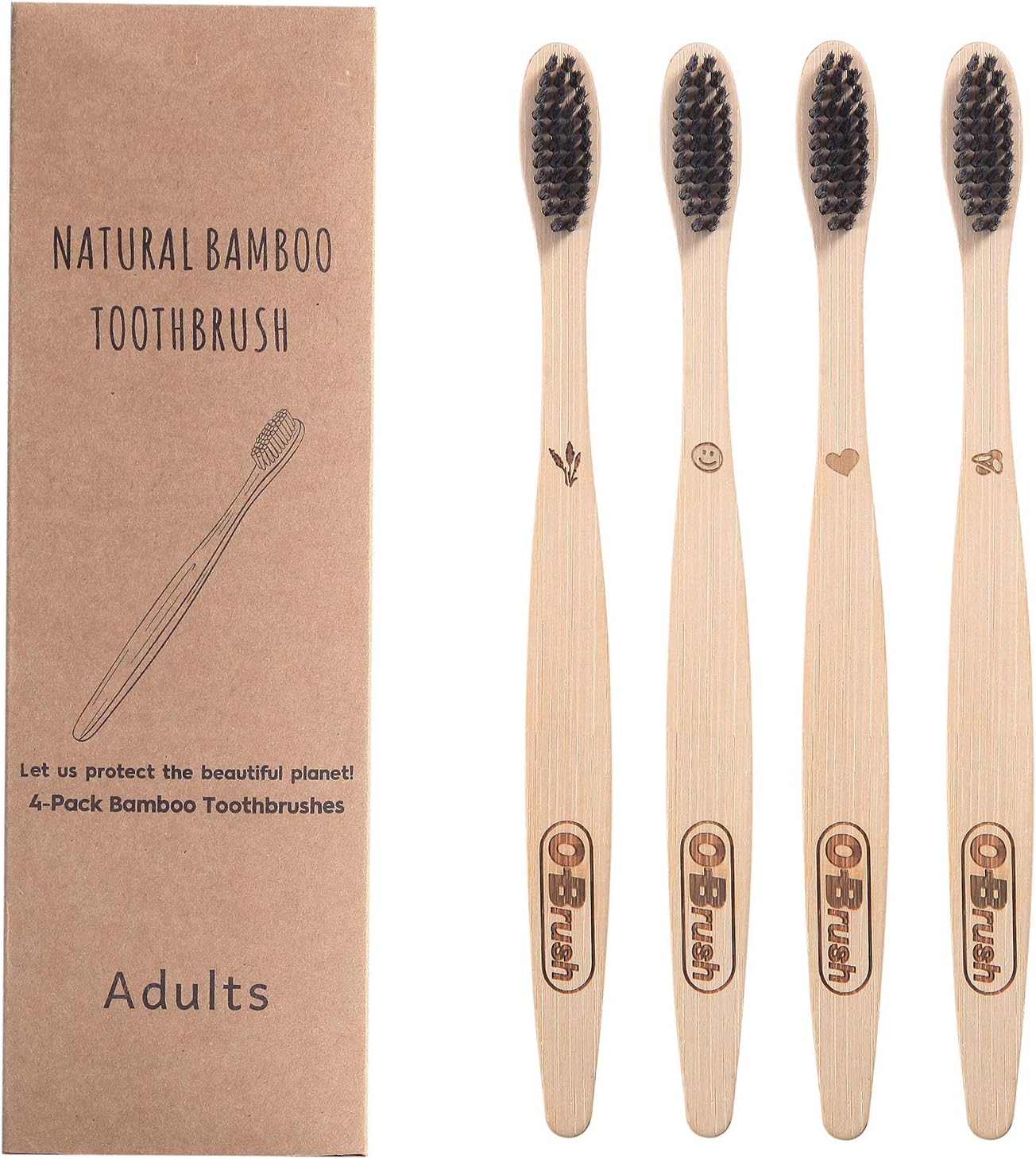 Bamboo Charcoal Toothbrush, Tooth Brush for Adult, Charcoal Bristles Bamboo Tooth Brush Biodegradable Handle with Medium Nylon Bristles ，Four Patterns，Set of 4